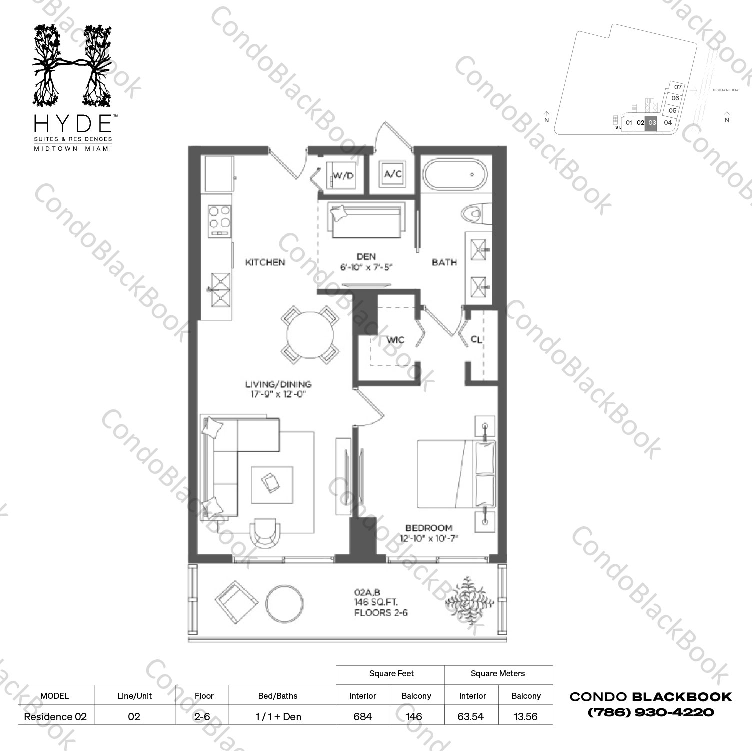 Floor plan for Hyde Midtown Midtown Miami, model Residence 02, line 02, 1 / 1 + Den bedrooms, 684 sq ft