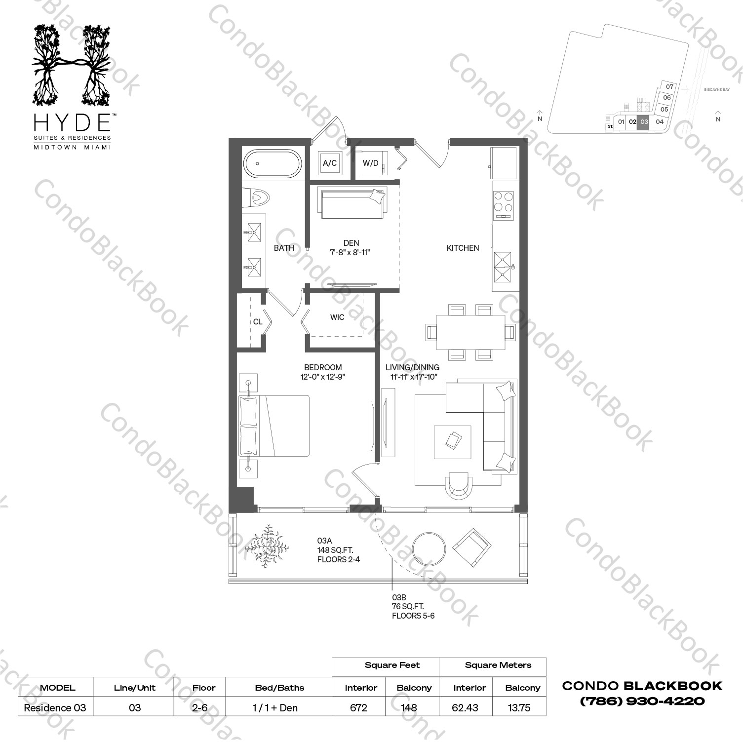 Floor plan for Hyde Midtown Midtown Miami, model Residence 03, line 03, 1 / 1 + Den bedrooms, 672 sq ft