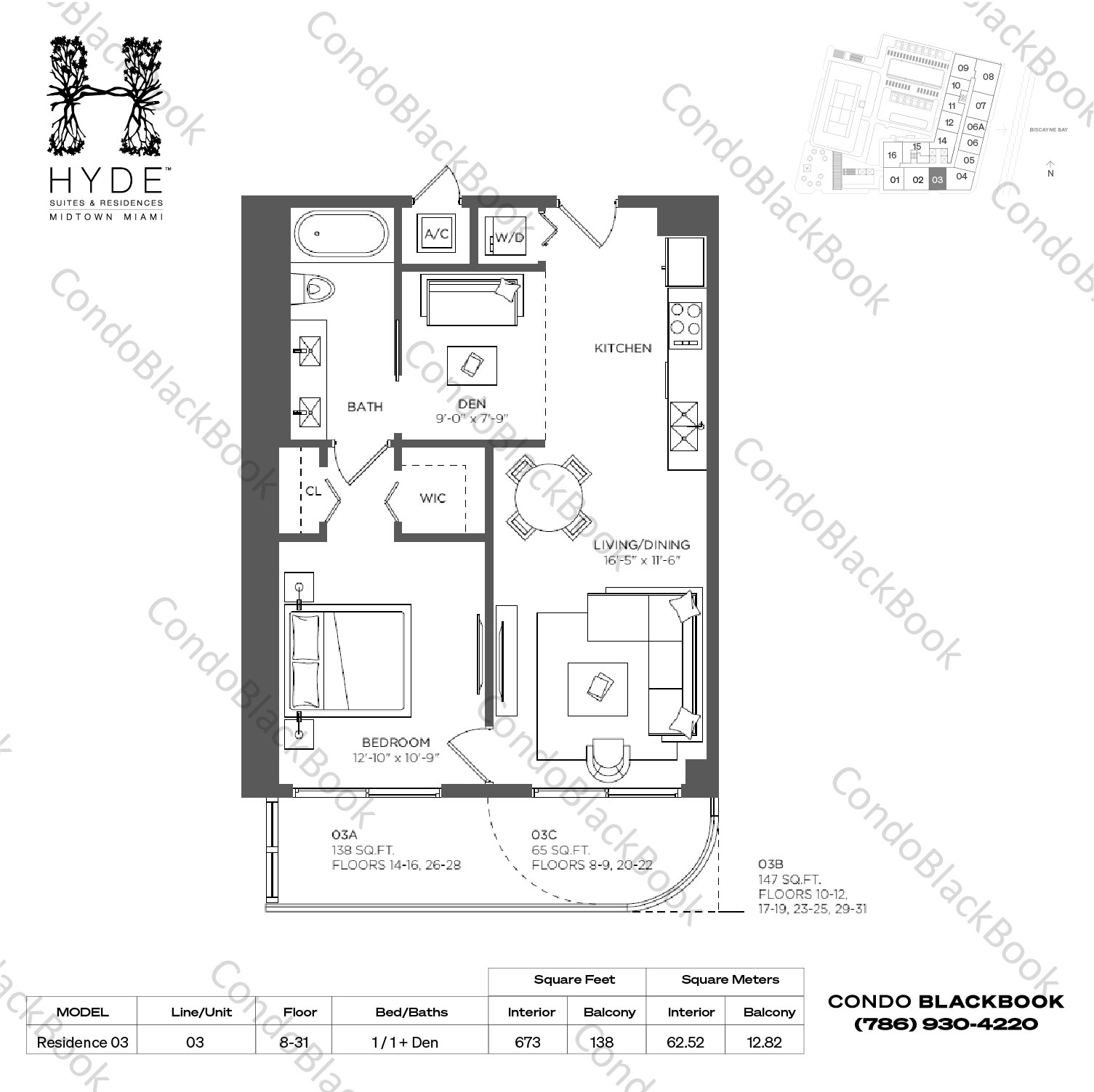 Floor plan for Hyde Midtown Midtown Miami, model Residence 03, line 03, 1 / 1 + Den bedrooms, 673 sq ft