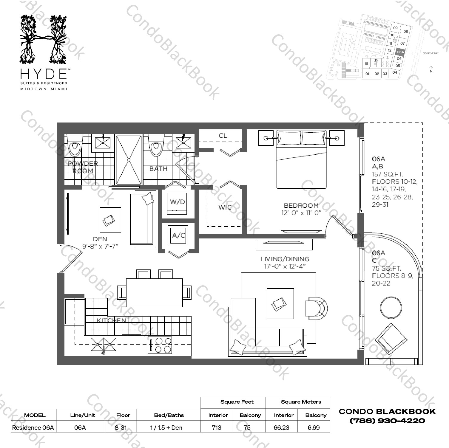Floor plan for Hyde Midtown Midtown Miami, model Residence 06A, line 06A, 1 / 1.5 + Den bedrooms, 713 sq ft