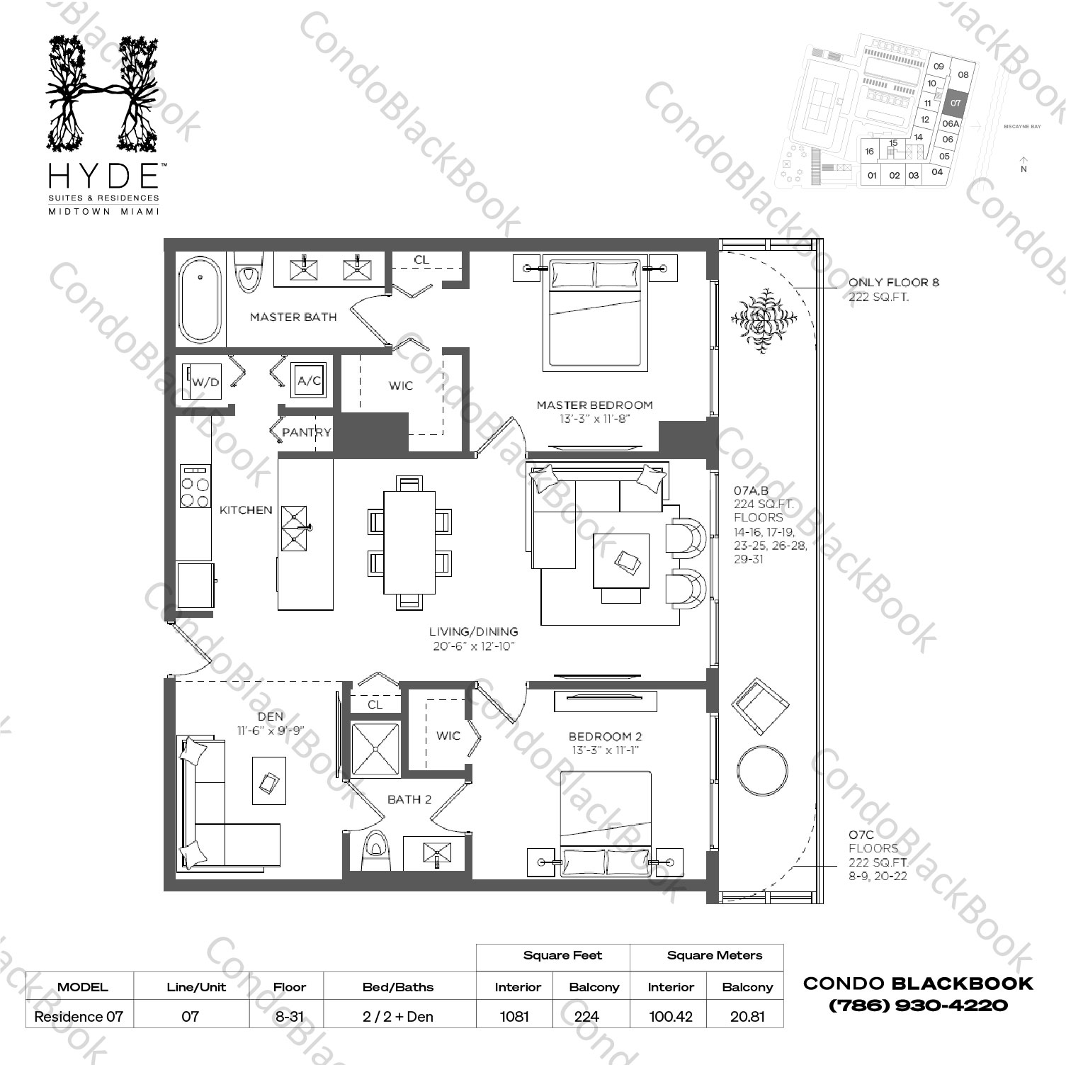 Floor plan for Hyde Midtown Midtown Miami, model Residence 07, line 07, 2 / 2 + Den bedrooms, 1081 sq ft