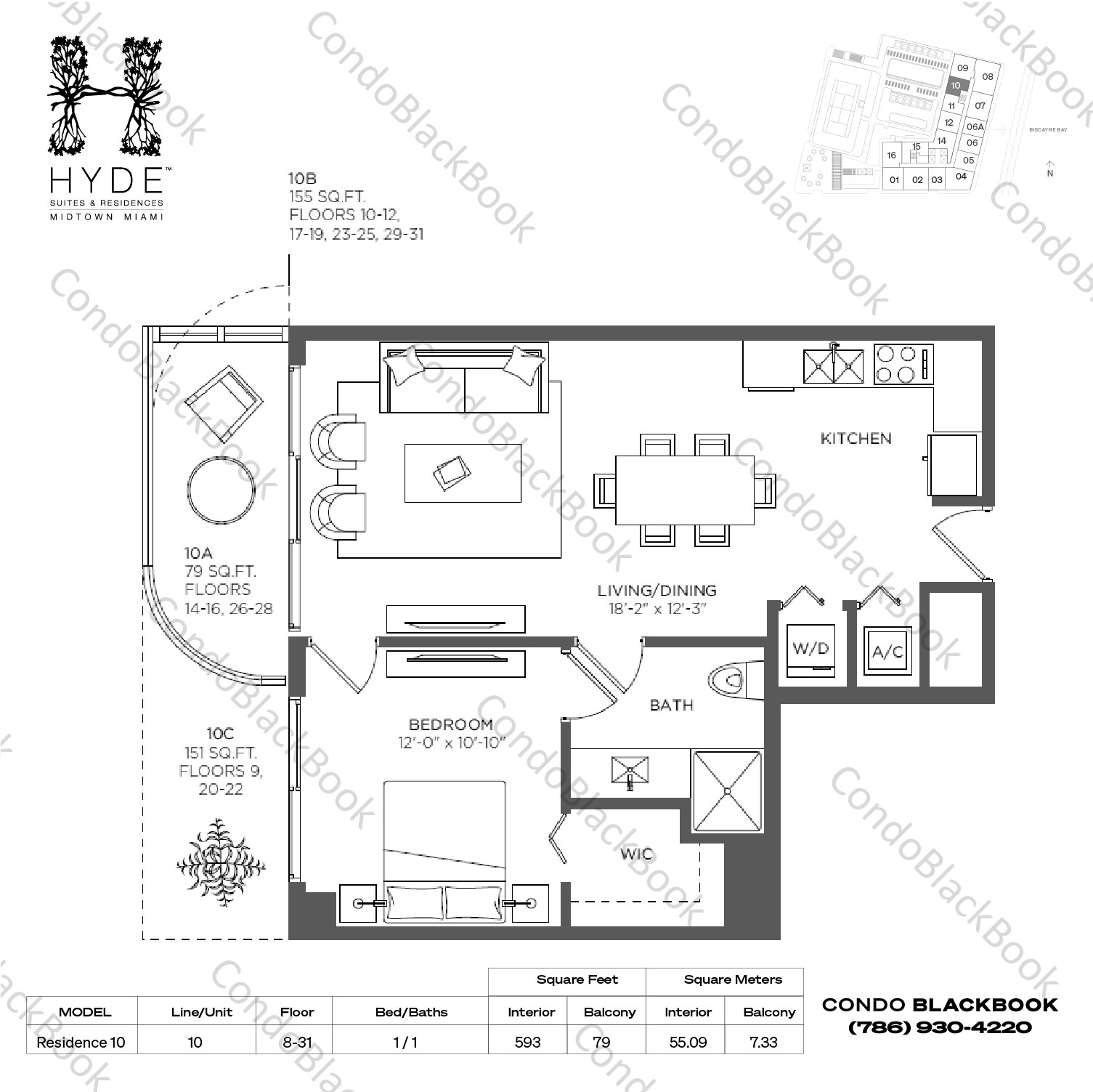 Floor plan for Hyde Midtown Midtown Miami, model Residence 10, line 10, 1 / 1 bedrooms, 593 sq ft
