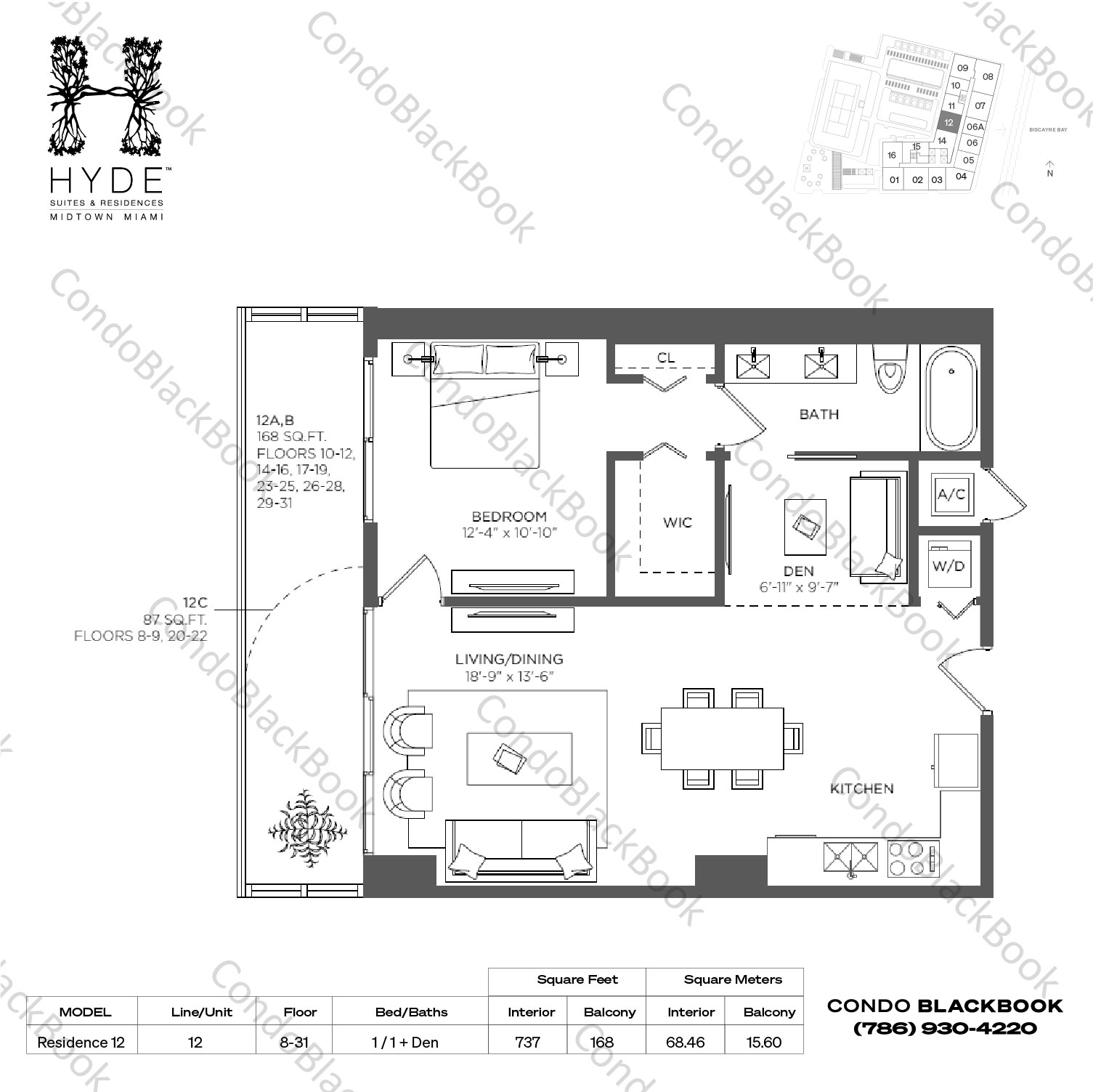 Floor plan for Hyde Midtown Midtown Miami, model Residence 12, line 12, 1 / 1 + Den bedrooms, 737 sq ft