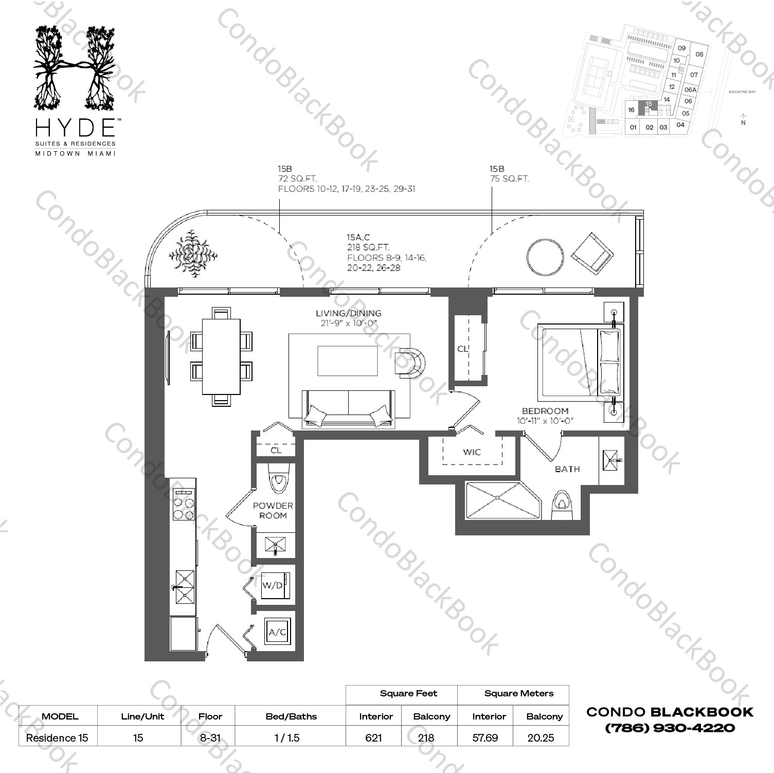 Floor plan for Hyde Midtown Midtown Miami, model Residence 15, line 15, 1 / 1.5 bedrooms, 621 sq ft