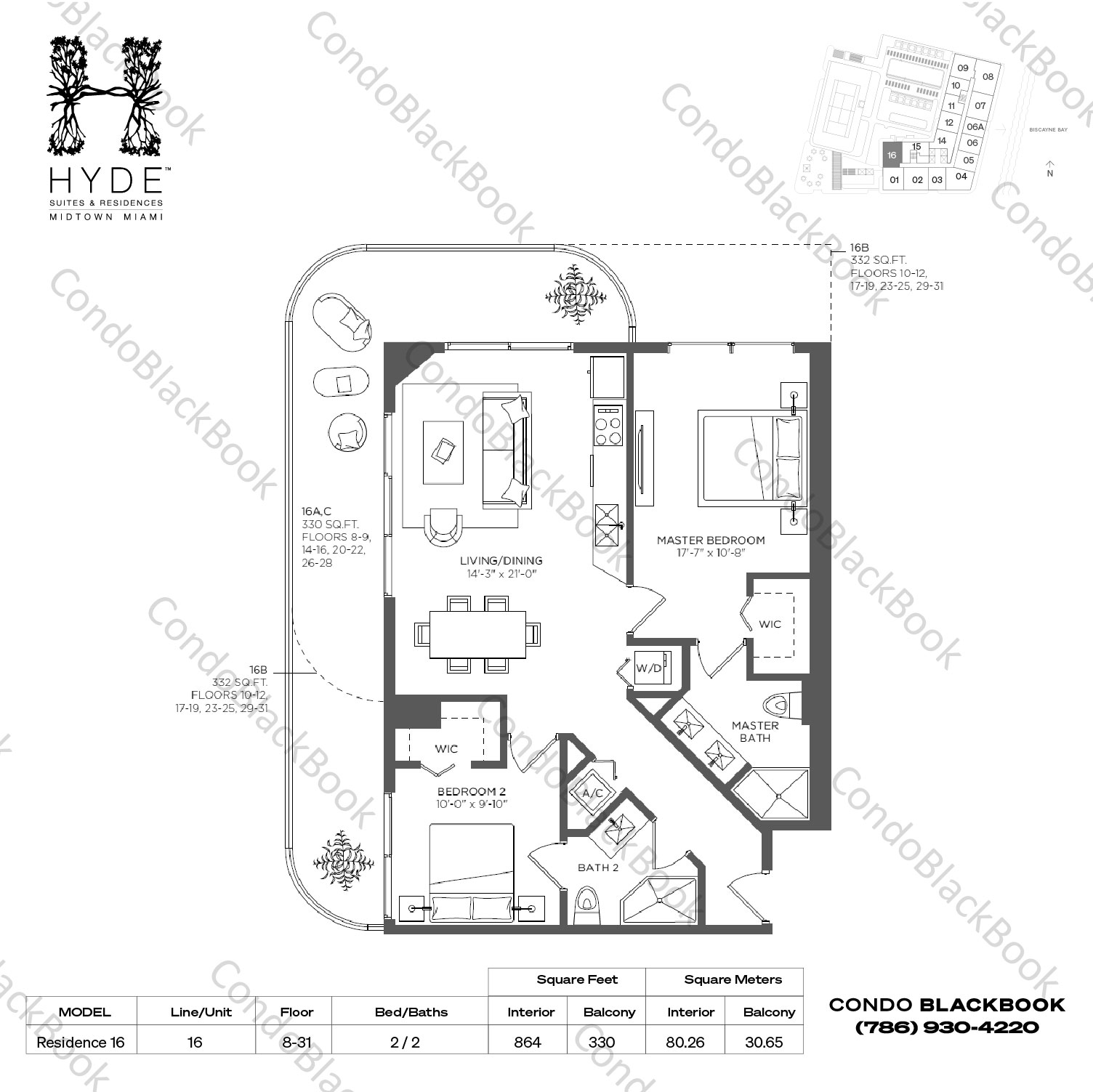 Floor plan for Hyde Midtown Midtown Miami, model Residence 16, line 16, 2 / 2 bedrooms, 864 sq ft