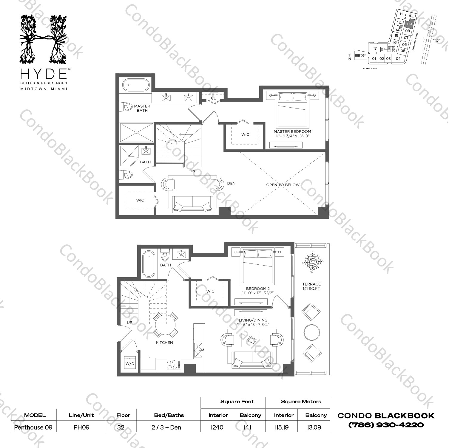Floor plan for Hyde Midtown Midtown Miami, model Penthouse 09, line PH09, 2 / 3 + Den bedrooms, 1240 sq ft