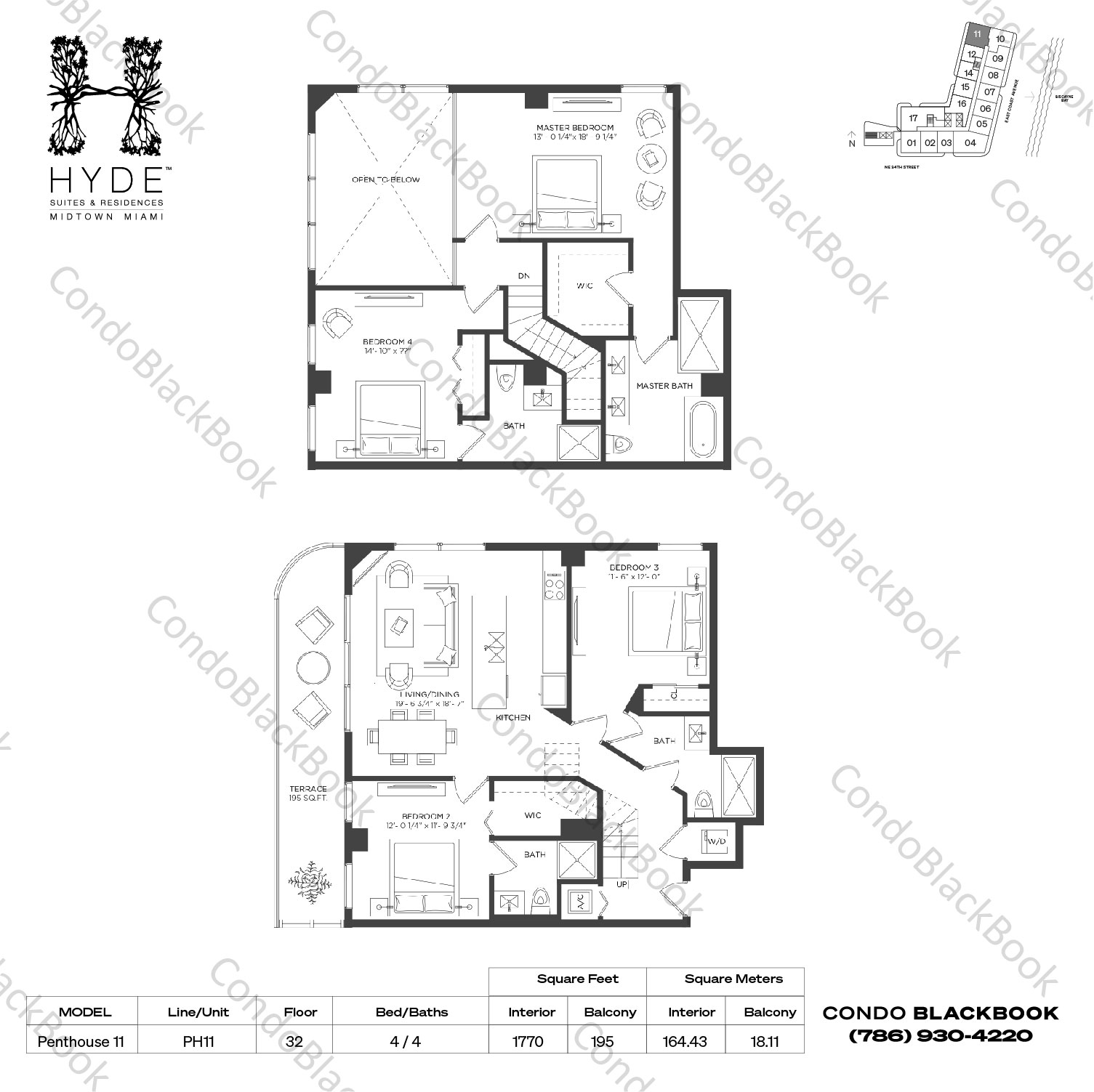Floor plan for Hyde Midtown Midtown Miami, model Penthouse 11, line PH11, 4 / 4 bedrooms, 1770 sq ft