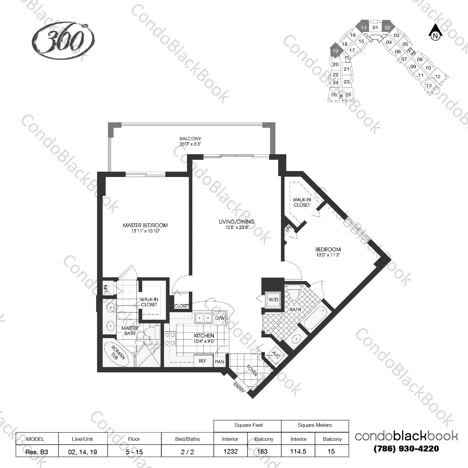 Floor plan for 360 Condo North Bay Village, model Res. B3, line 02, 14, 19, 2 / 2 bedrooms, 1232 sq ft