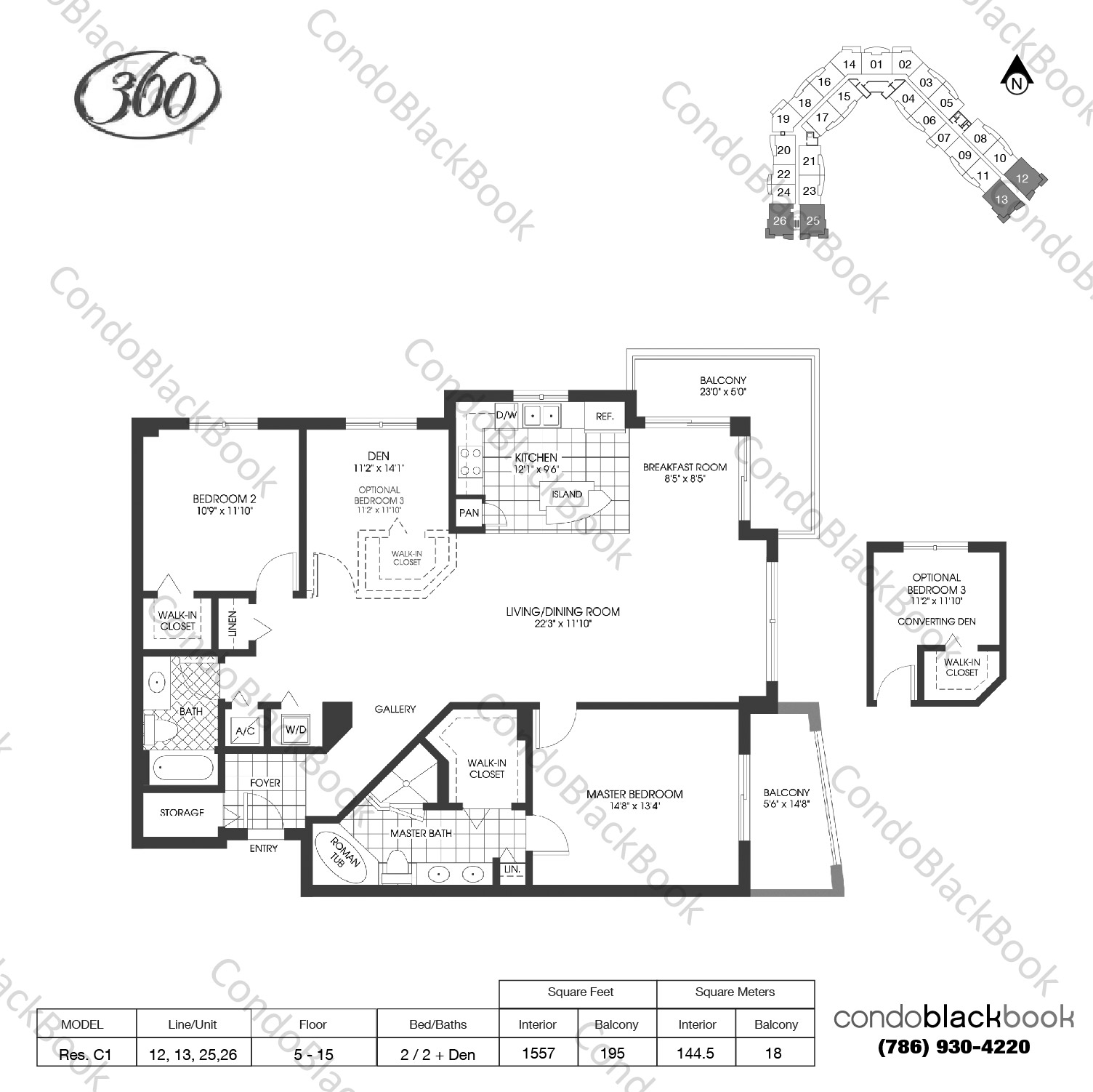 Floor plan for 360 Condo North Bay Village, model Res. C1, line 12, 13, 25,26, 2 / 2 + Den bedrooms, 1557 sq ft