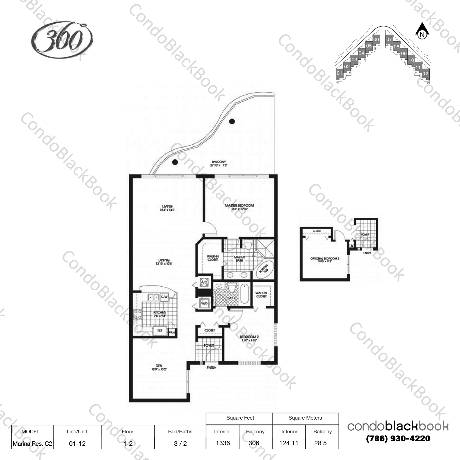 Floor plan for 360 Condo North Bay Village, model Marina Res. C2, line 01-12, 3 / 2 bedrooms, 1336 sq ft