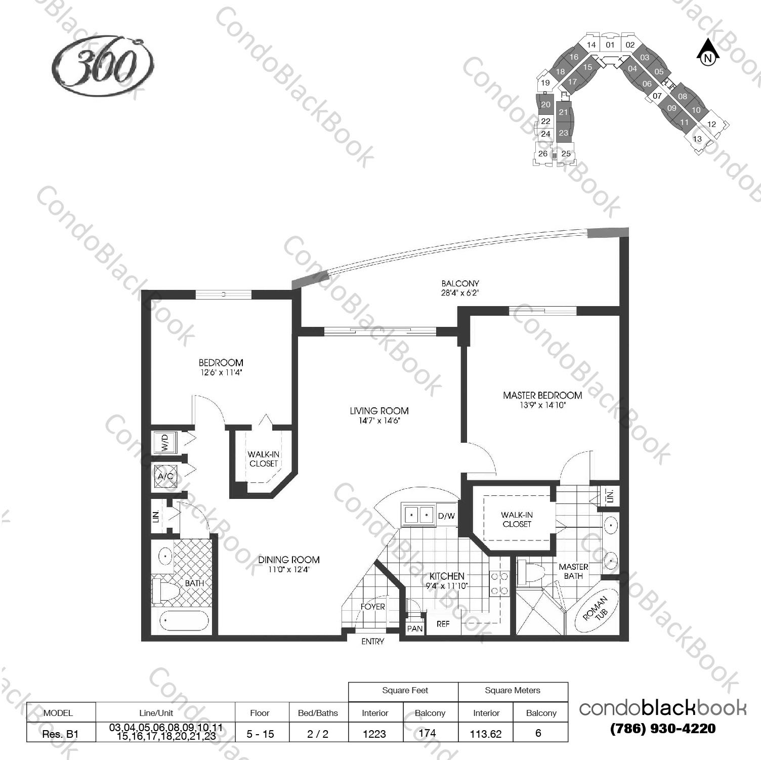 Floor plan for 360 Condo North Bay Village, model Res. B1, line 03,04,05,06,08,09,10,11,15,16,17,18,20,21,23, 2 / 2 bedrooms, 1223 sq ft