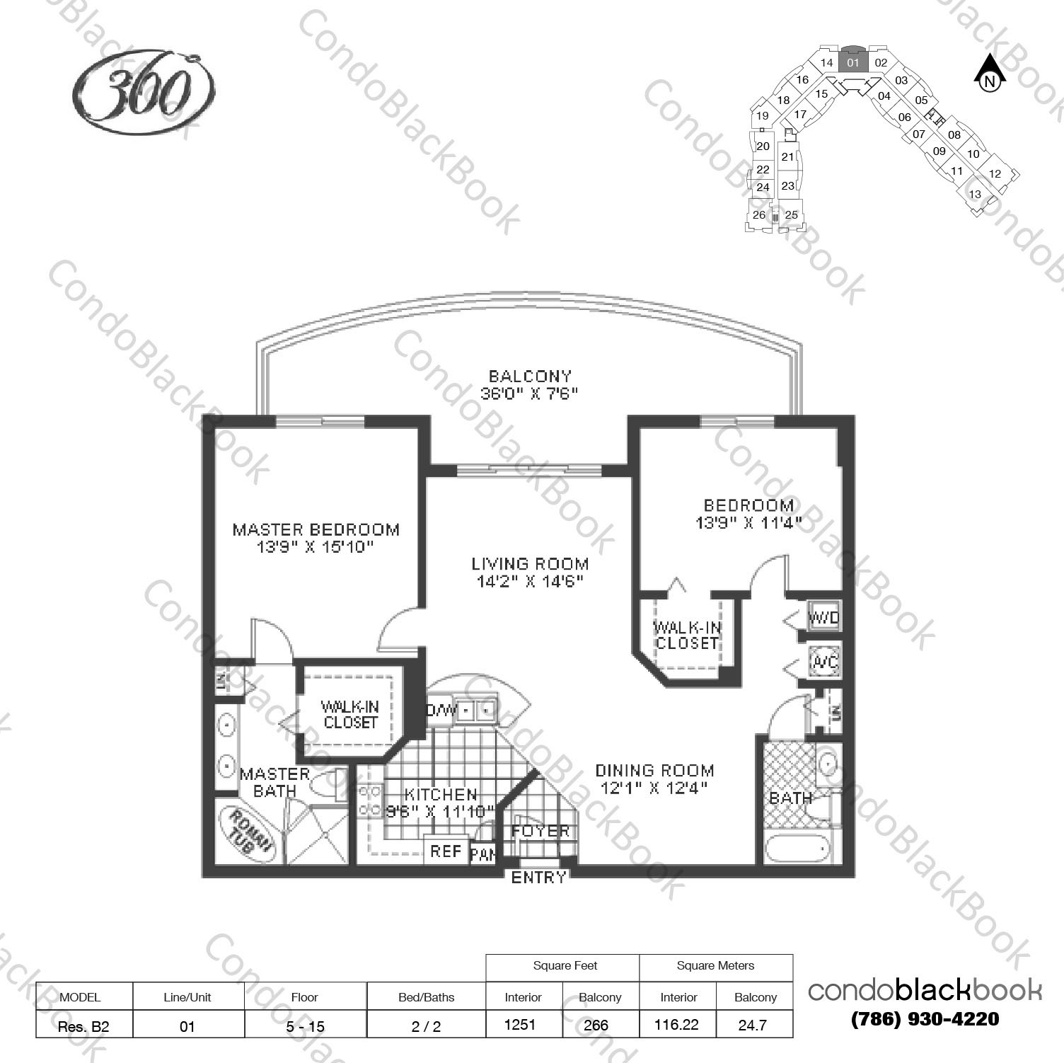 Floor plan for 360 Condo North Bay Village, model Res. B2, line 01, 2 / 2 bedrooms, 1251 sq ft