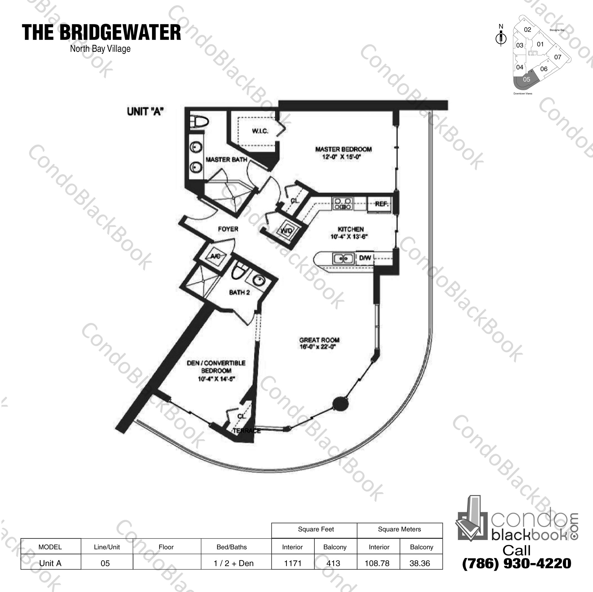 Floor plan for The Bridgewater North Bay Village, model Unit A, line 05, 1 / 2 + Den bedrooms, 1171 sq ft