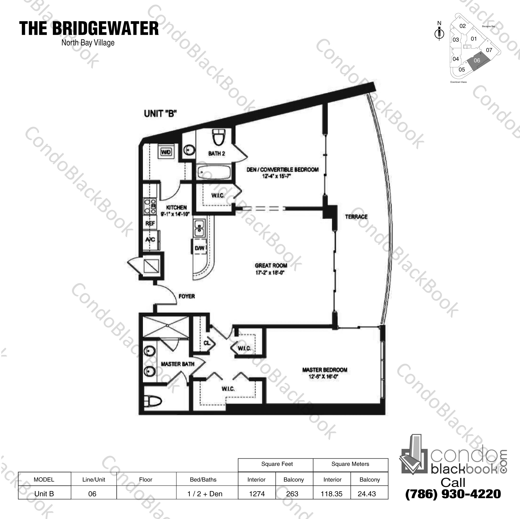 Floor plan for The Bridgewater North Bay Village, model Unit B, line 06, 1 / 2 + Den bedrooms, 1274 sq ft
