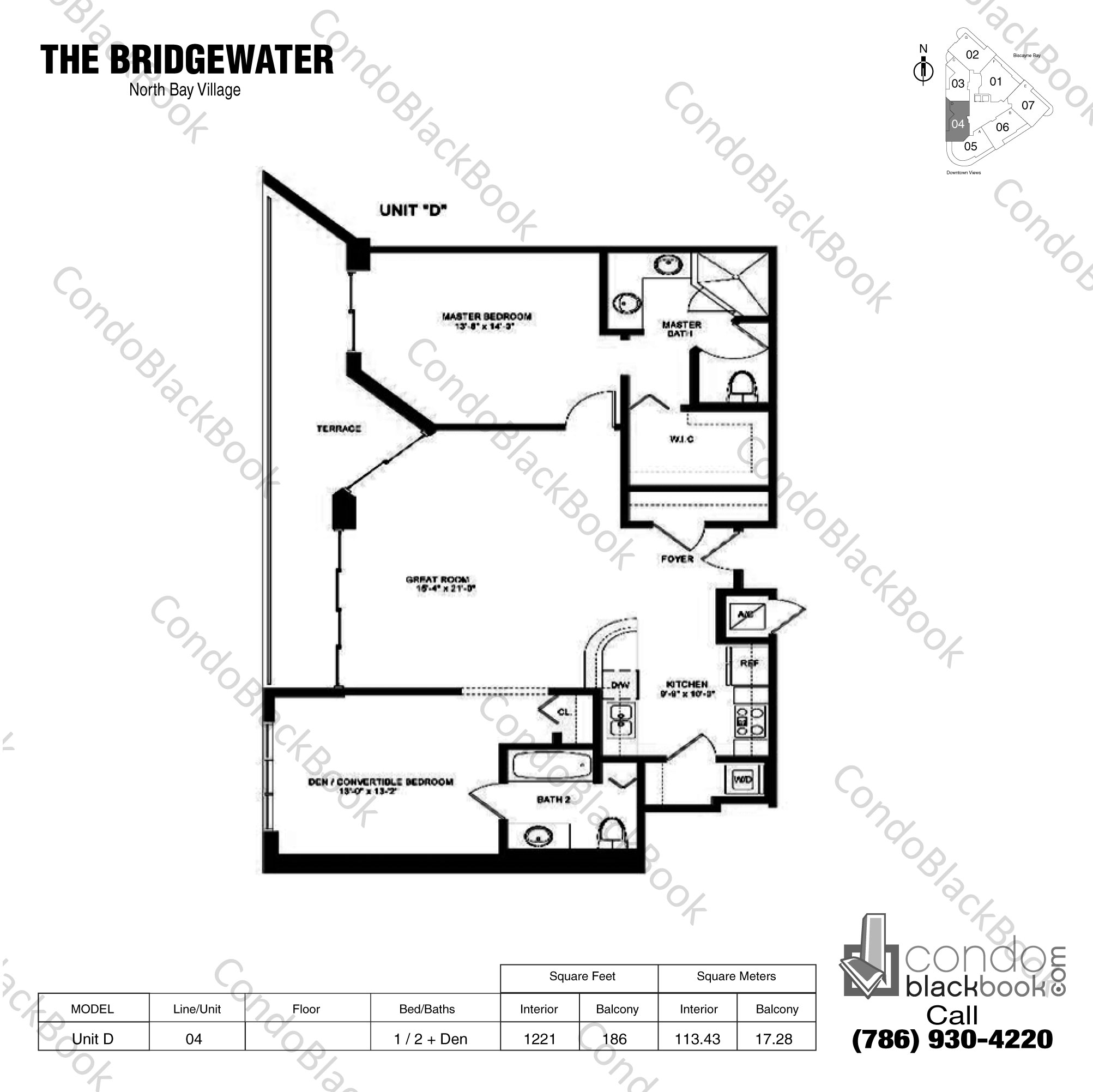 Floor plan for The Bridgewater North Bay Village, model Unit D, line 04, 1 / 2 + Den bedrooms, 1221 sq ft