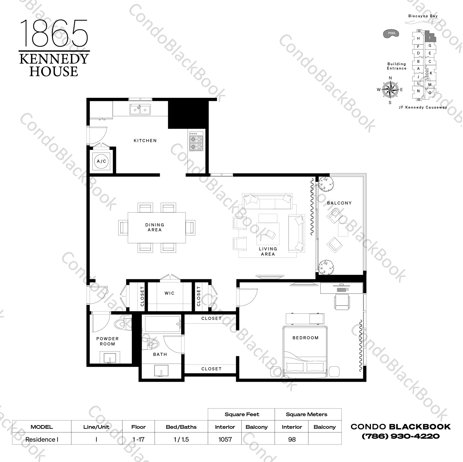 Floor plan for Kennedy House North Bay Village, model Residence I, line I, 1 / 1.5 bedrooms, 1057 sq ft