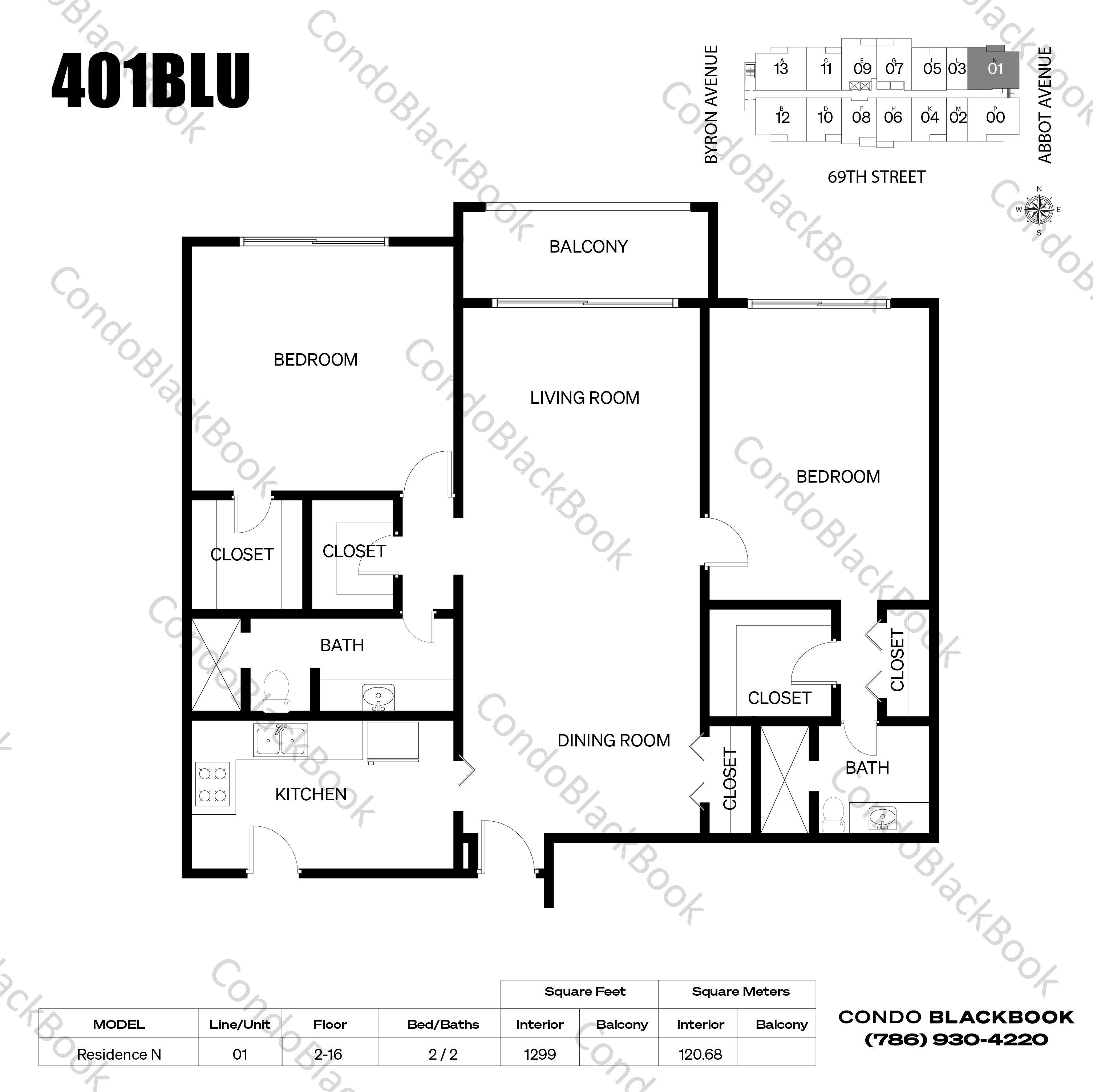 Floor plan for 401 Blu Condo North Beach Miami Beach, model Residence N, line 01, 2 / 2 bedrooms, 1299 sq ft