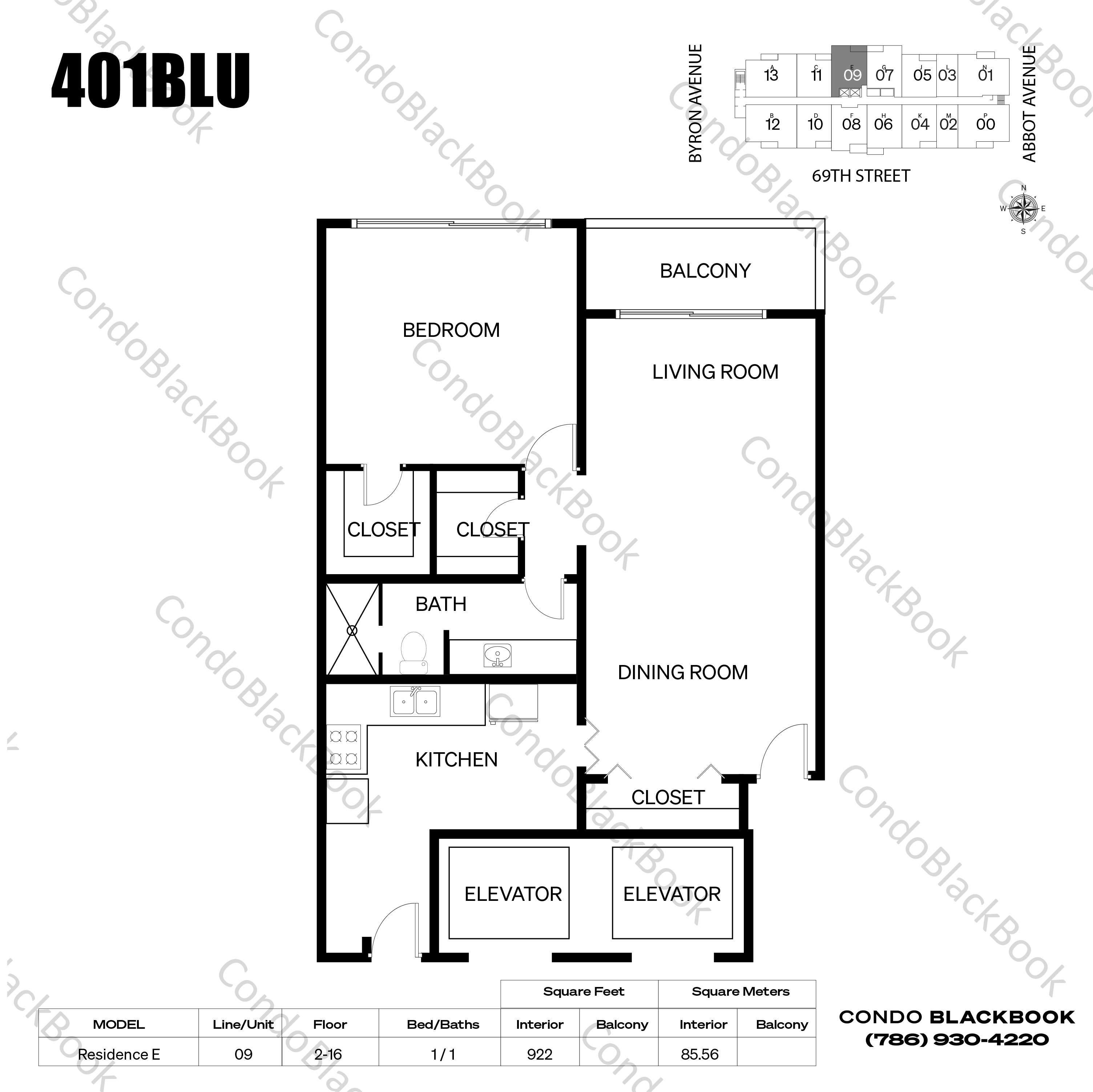 Floor plan for 401 Blu Condo North Beach Miami Beach, model Residence E, line 09, 1 / 1 bedrooms, 922 sq ft