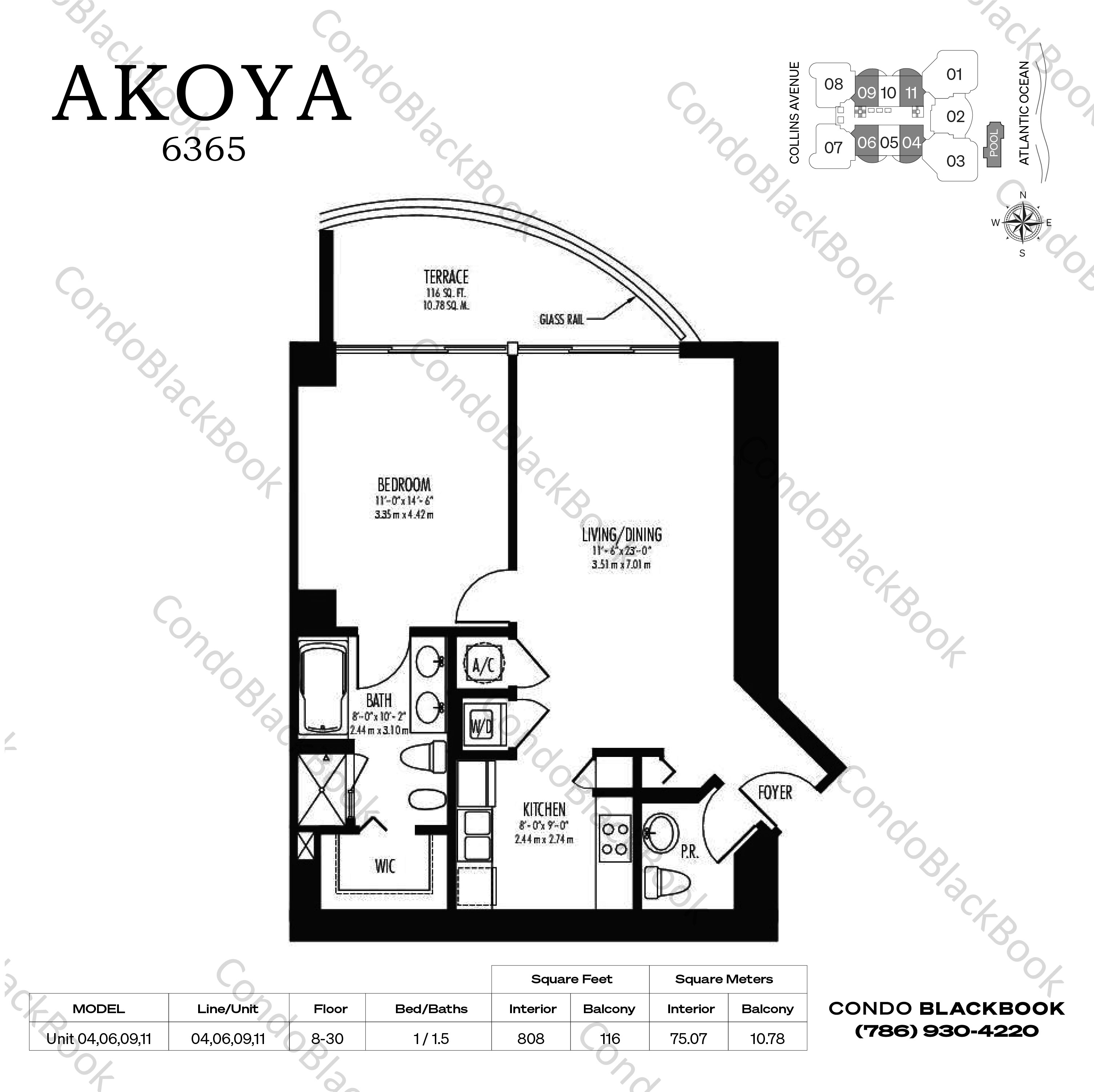Floor plan for Akoya North Beach Miami Beach, model Unit 04,06,09,11, line 04,06,09,11, 1 / 1.5 bedrooms, 808 sq ft