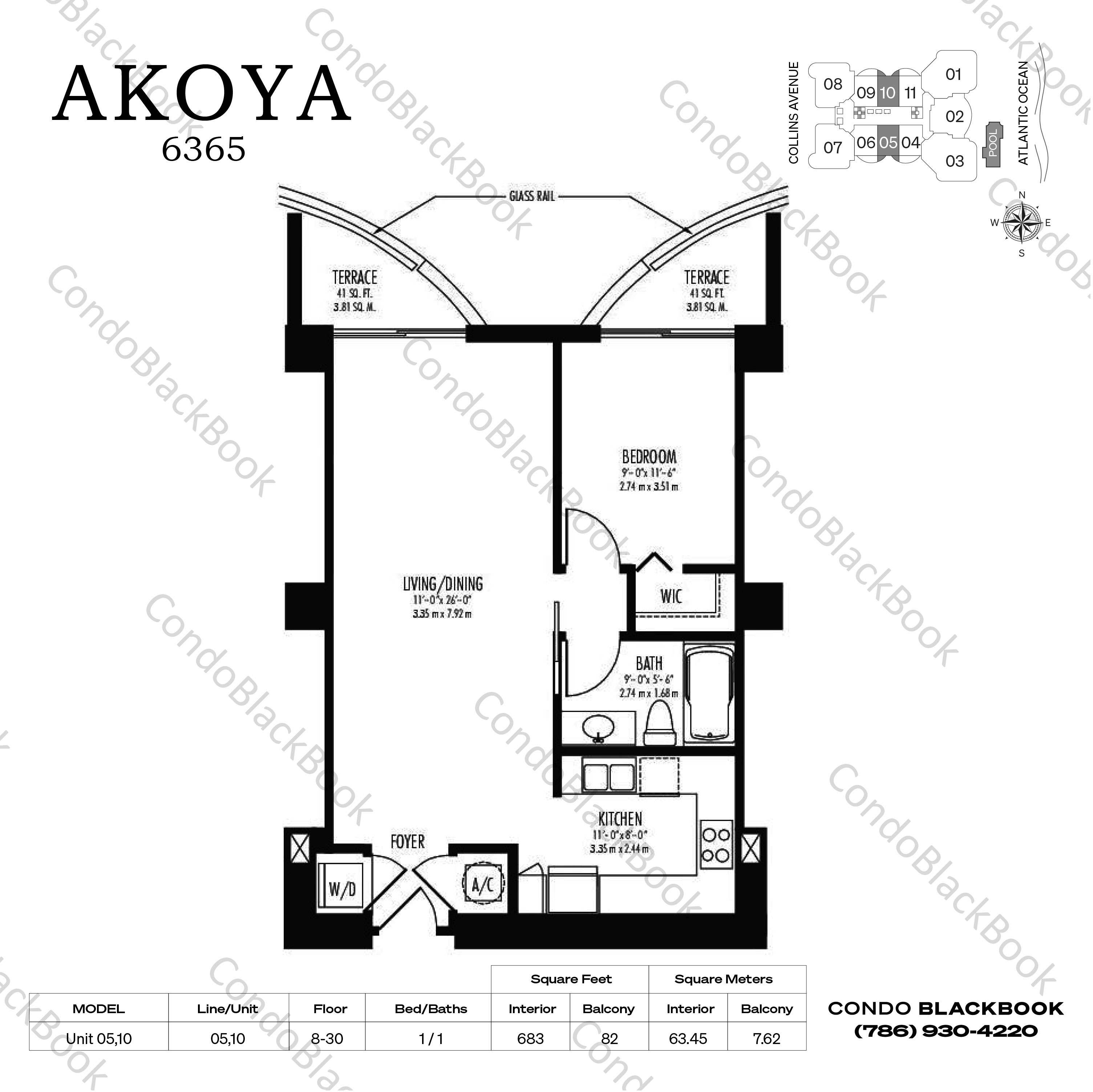 Floor plan for Akoya North Beach Miami Beach, model Unit 05,10, line 05,10, 1 / 1 bedrooms, 683 sq ft