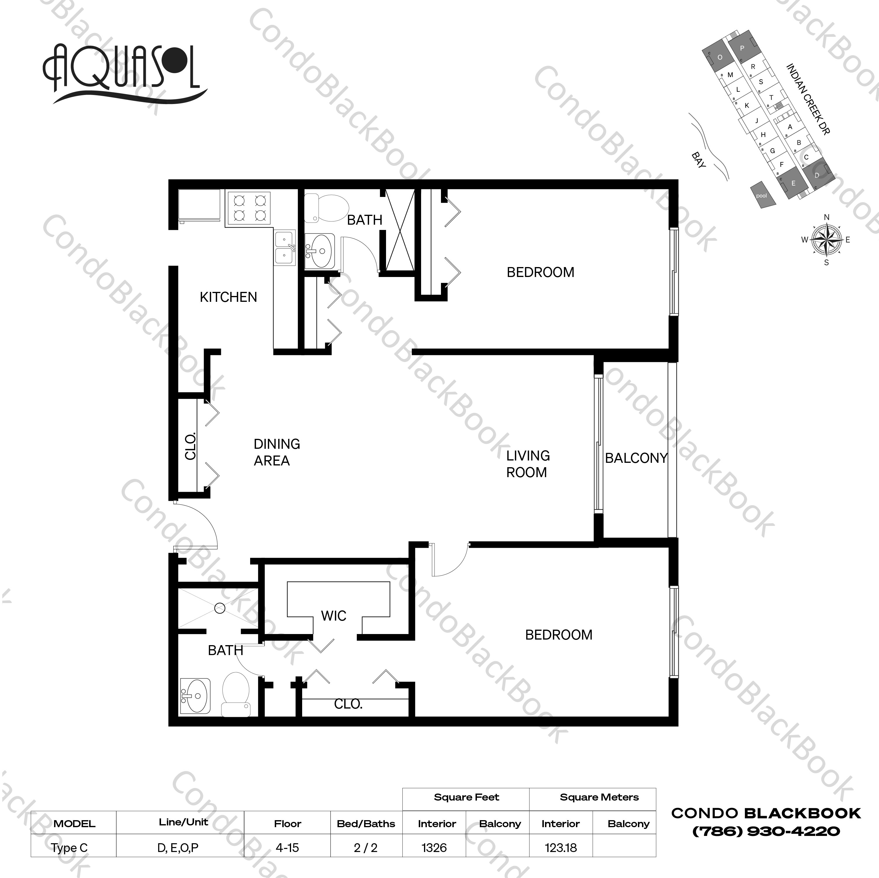 Floor plan for Aquasol North Beach Miami Beach, model Type C, line D,E,O,P, 2 / 2 bedrooms, 1326 sq ft