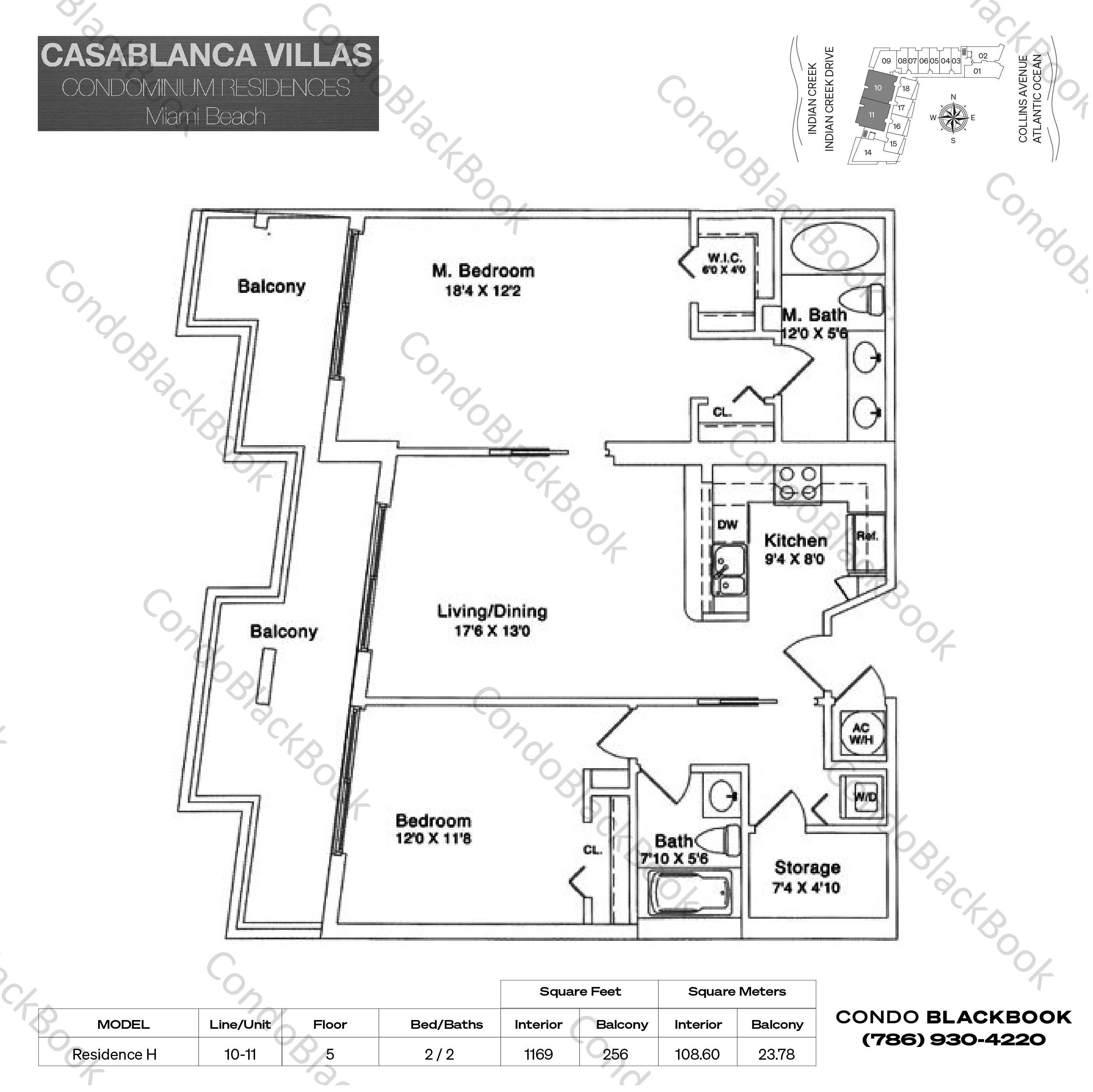 Floor plan for Casablanca Villas North Beach Miami Beach, model Residence H, line 10-11, 2 / 2 bedrooms, 1169 sq ft