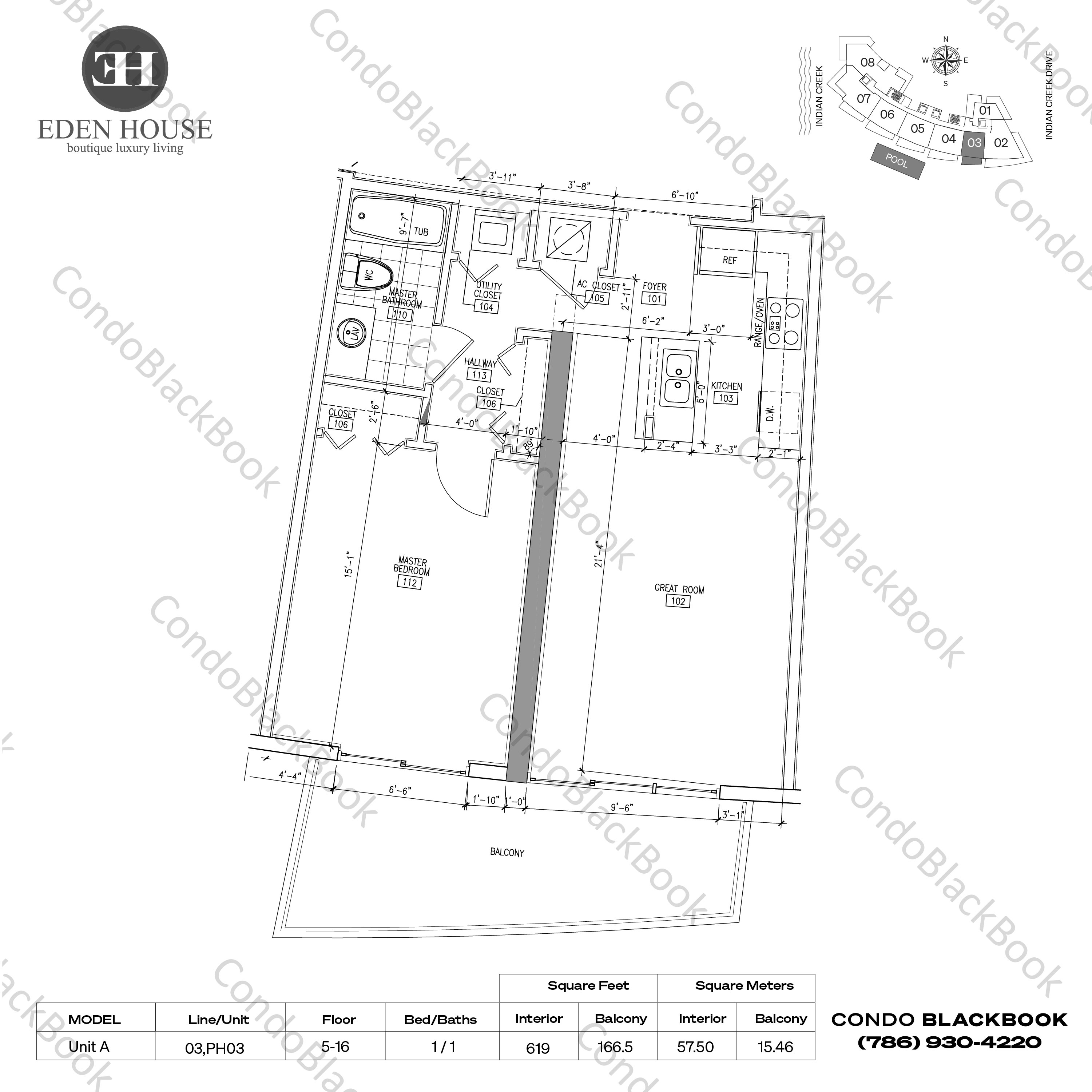 Floor plan for Eden House North Beach Miami Beach, model Unit A, line 03,PH03, 1 / 1 bedrooms, 619 sq ft