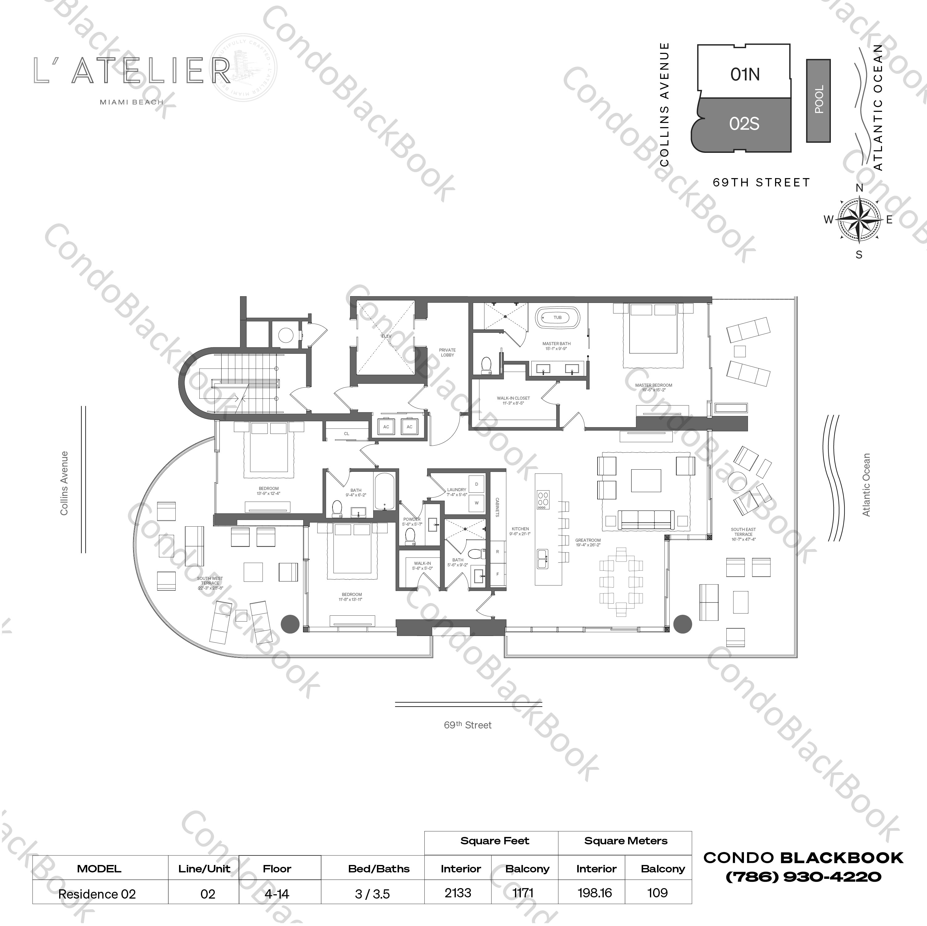 Floor plan for L' Atelier North Beach Miami Beach, model Residence 02, line 02, 3 / 3.5 bedrooms, 2133 sq ft