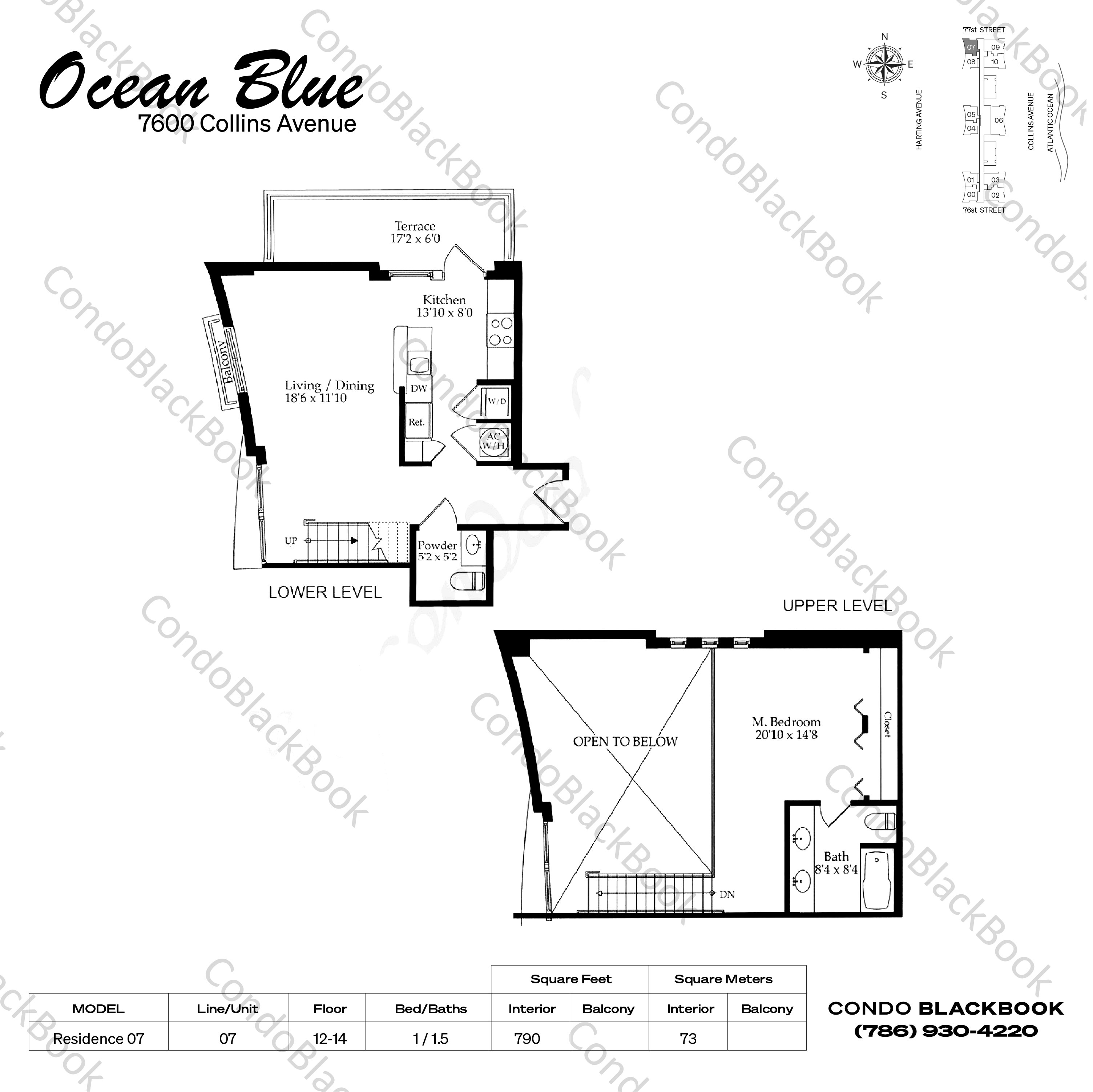 Floor plan for Ocean Blue North Beach Miami Beach, model Residence 07, line 07, 1 / 1.5 bedrooms, 790 sq ft