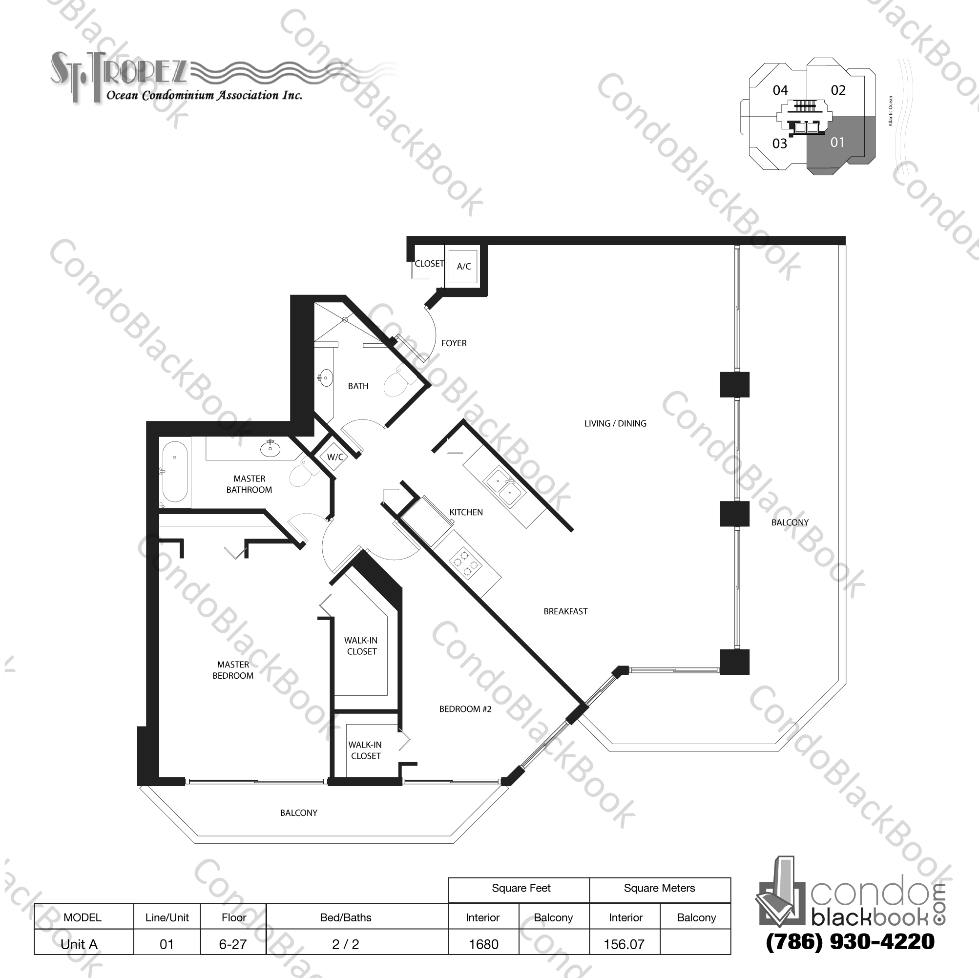 Floor plan for St. Tropez North Beach Miami Beach, model Unit A, line 01, 2 / 2 bedrooms, 1680 sq ft