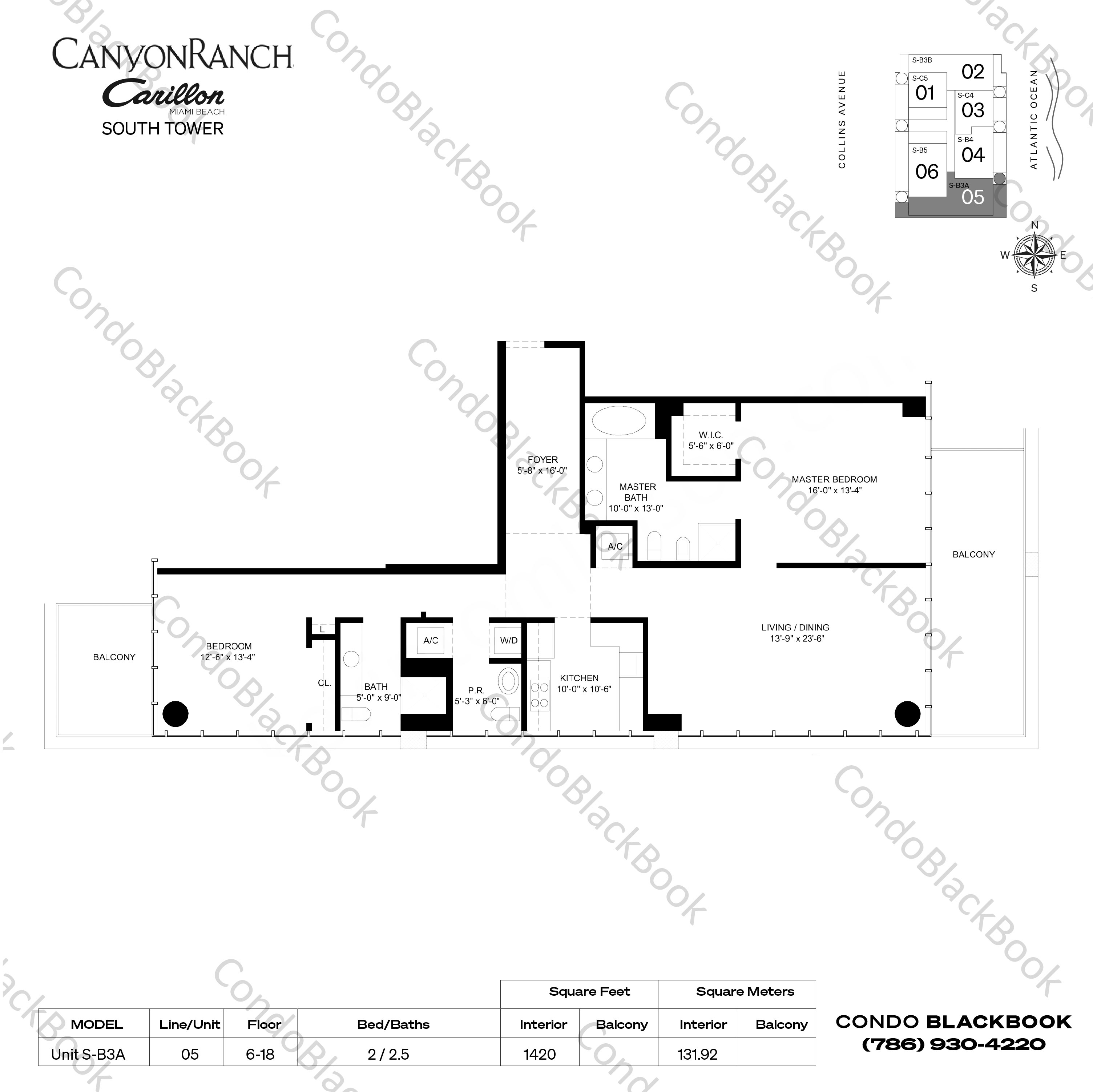 Floor plan for The Carillon South Tower North Beach Miami Beach, model Unit S-B3A, line 05, 2 / 2.5 bedrooms, 1420 sq ft