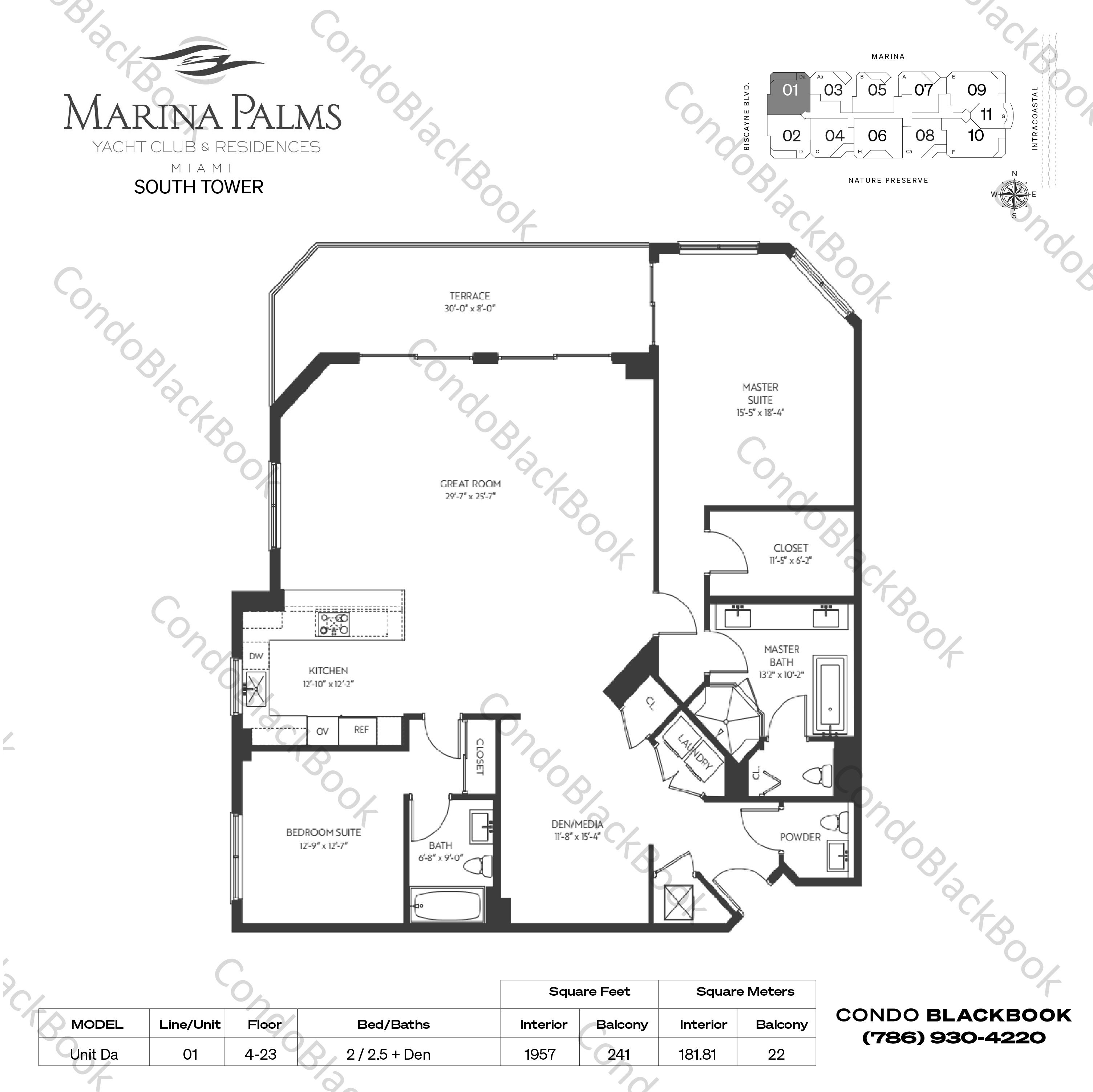 Floor plan for Marina Palms Yacht Club and Residences South Tower North Miami Beach, model Unit Da, line 01, 2 / 2.5 + Den bedrooms, 1957 sq ft