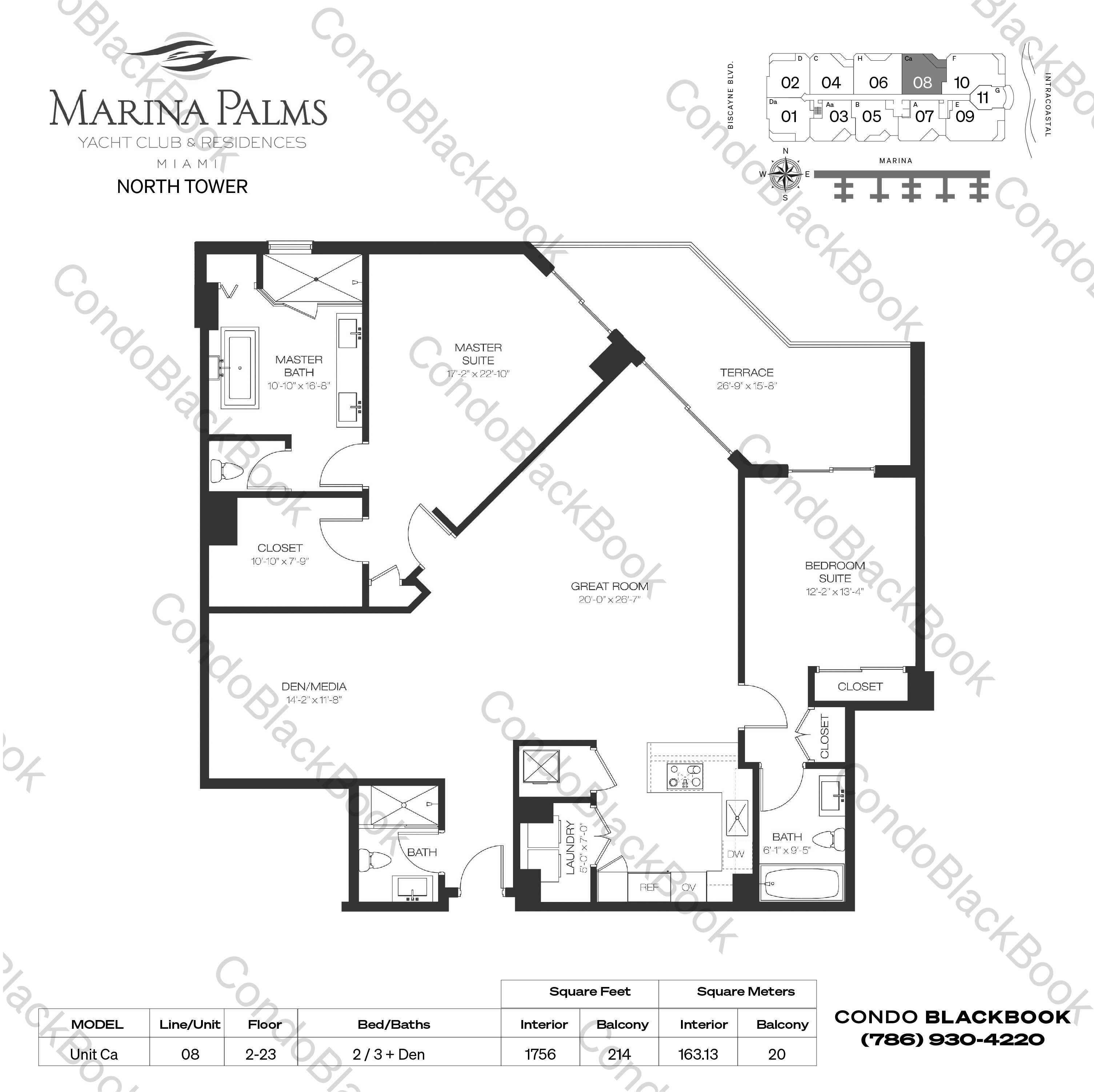 Floor plan for Marina Palms Yacht Club and Residences North Tower North Miami Beach, model Unit Ca, line 08, 2 / 3 + Den bedrooms, 1756 sq ft