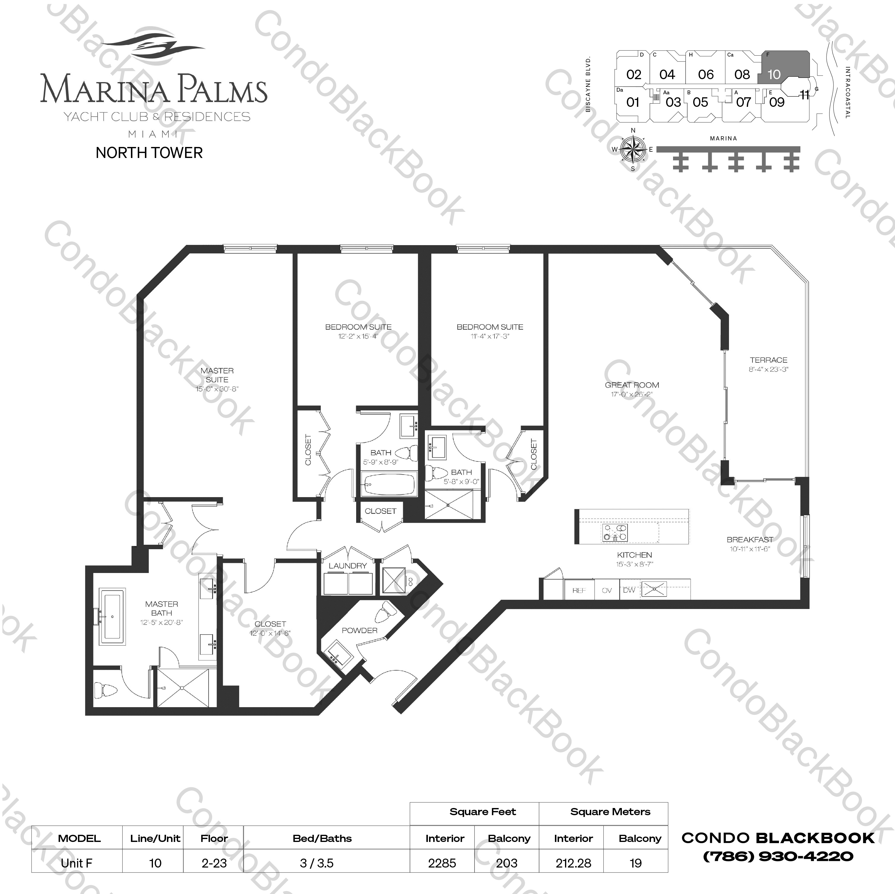 Floor plan for Marina Palms Yacht Club and Residences North Tower North Miami Beach, model Unit F, line 10, 3 / 3.5 bedrooms, 2285 sq ft
