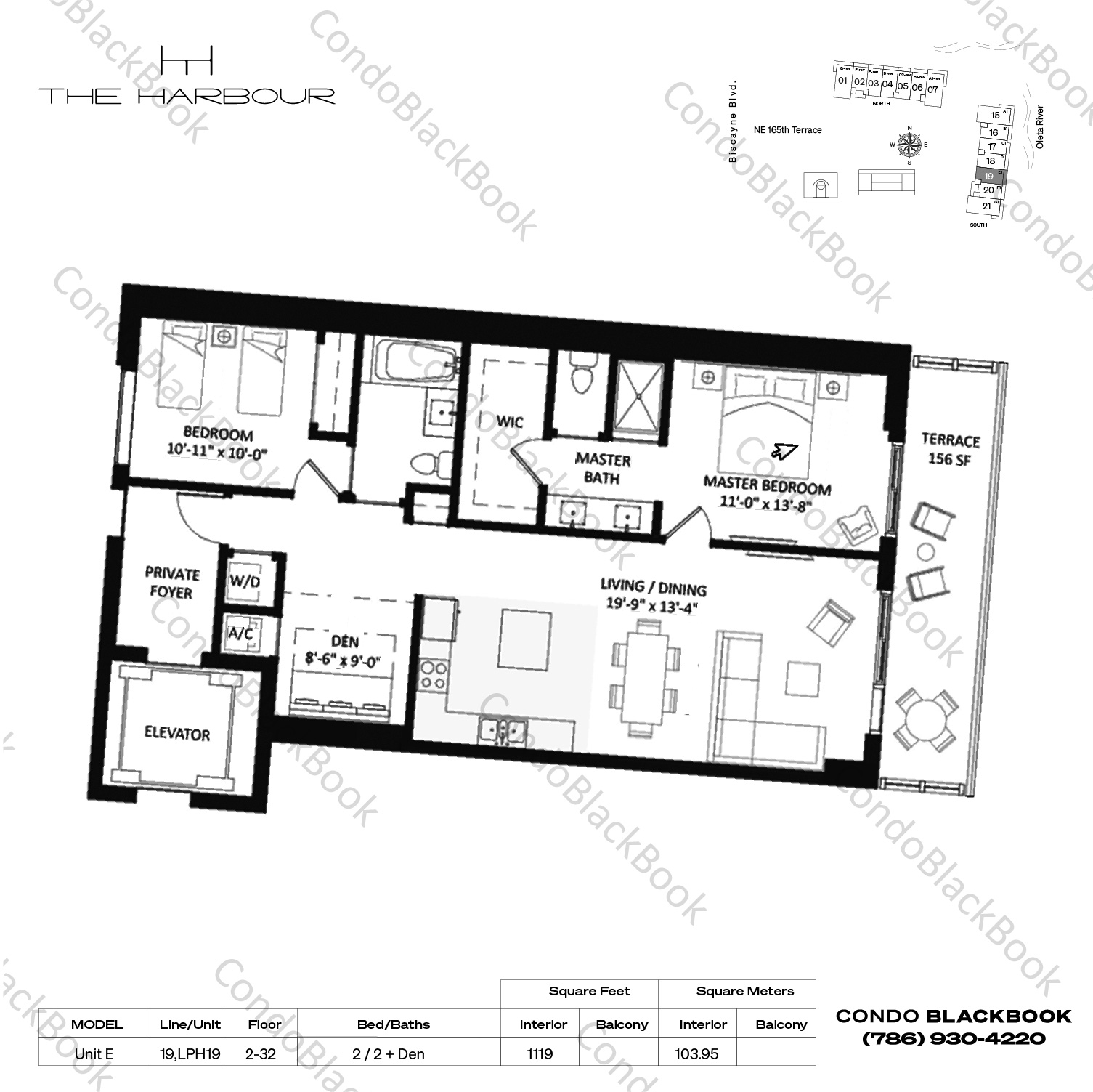 Floor plan for The Harbour North Miami Beach, model Unit E, line 19,LPH19, 2 / 2 + Den bedrooms, 1119 sq ft