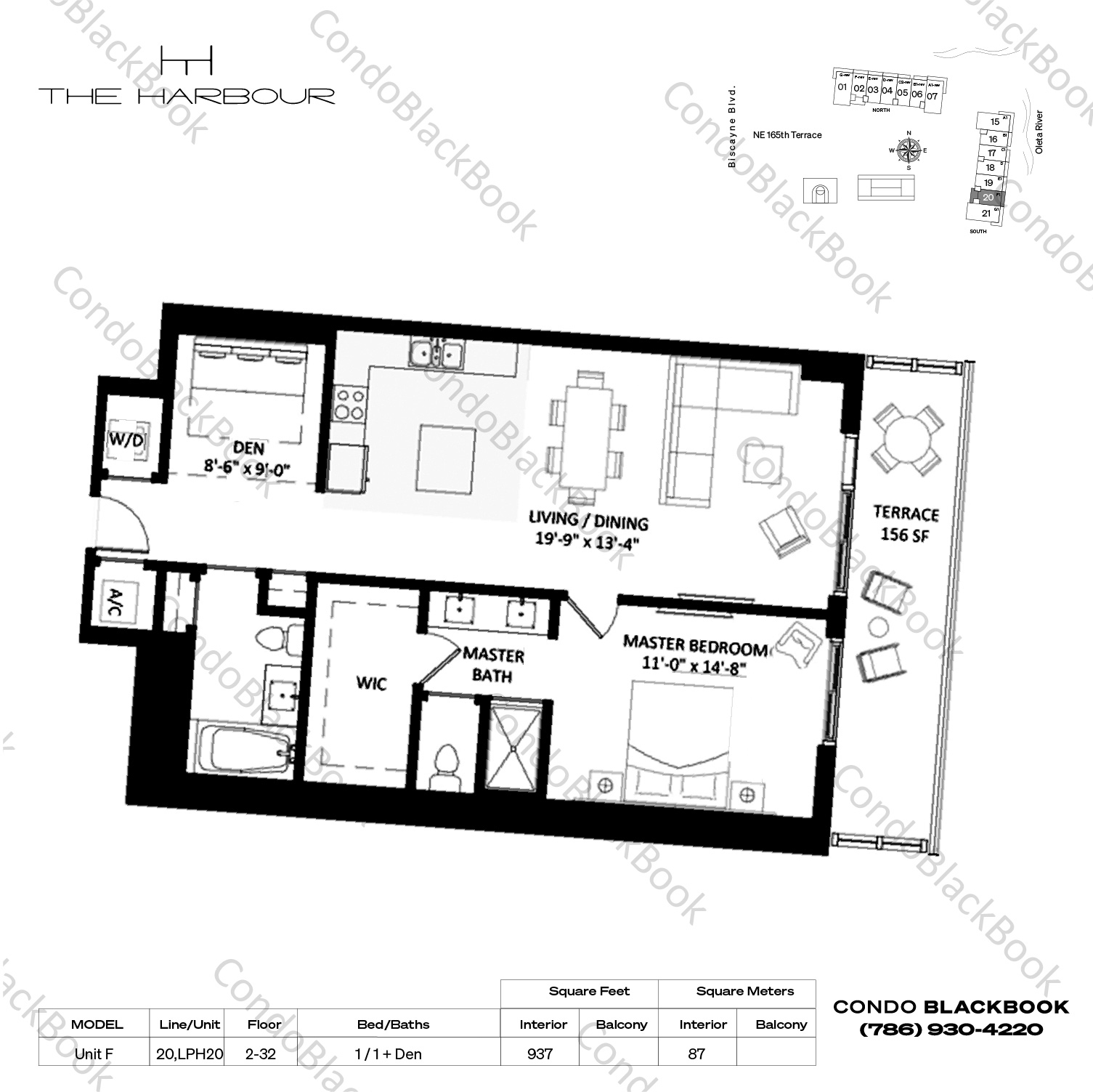 Floor plan for The Harbour North Miami Beach, model Unit F, line 20,LPH20, 1 / 1 + Den bedrooms, 937 sq ft