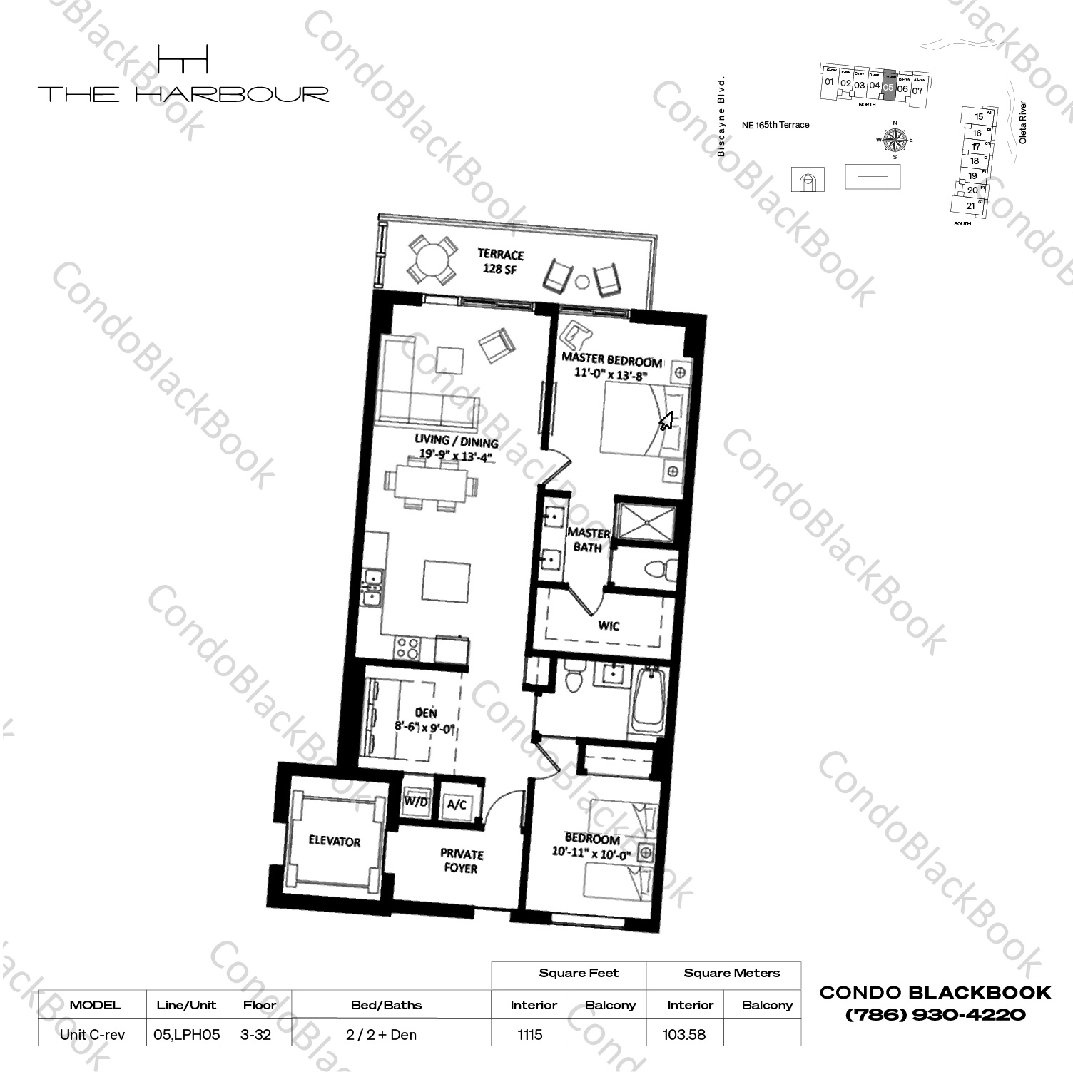 Floor plan for The Harbour North Miami Beach, model Unit C-rev, line 05,LPH05, 2 / 2 + Den bedrooms, 1115 sq ft