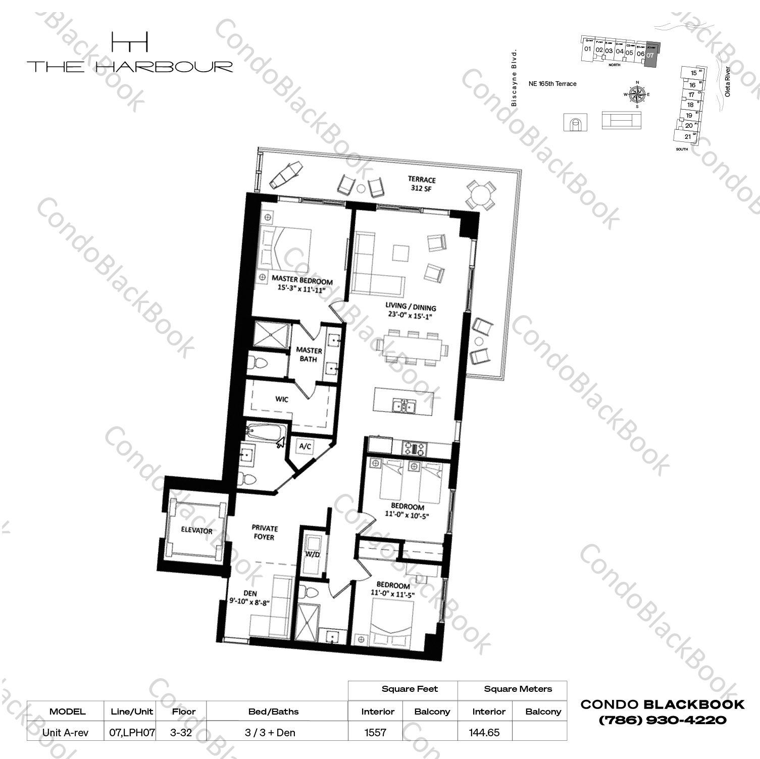 Floor plan for The Harbour North Miami Beach, model Unit A-rev, line 07,LPH07, 3 / 3 + Den bedrooms, 1557 sq ft