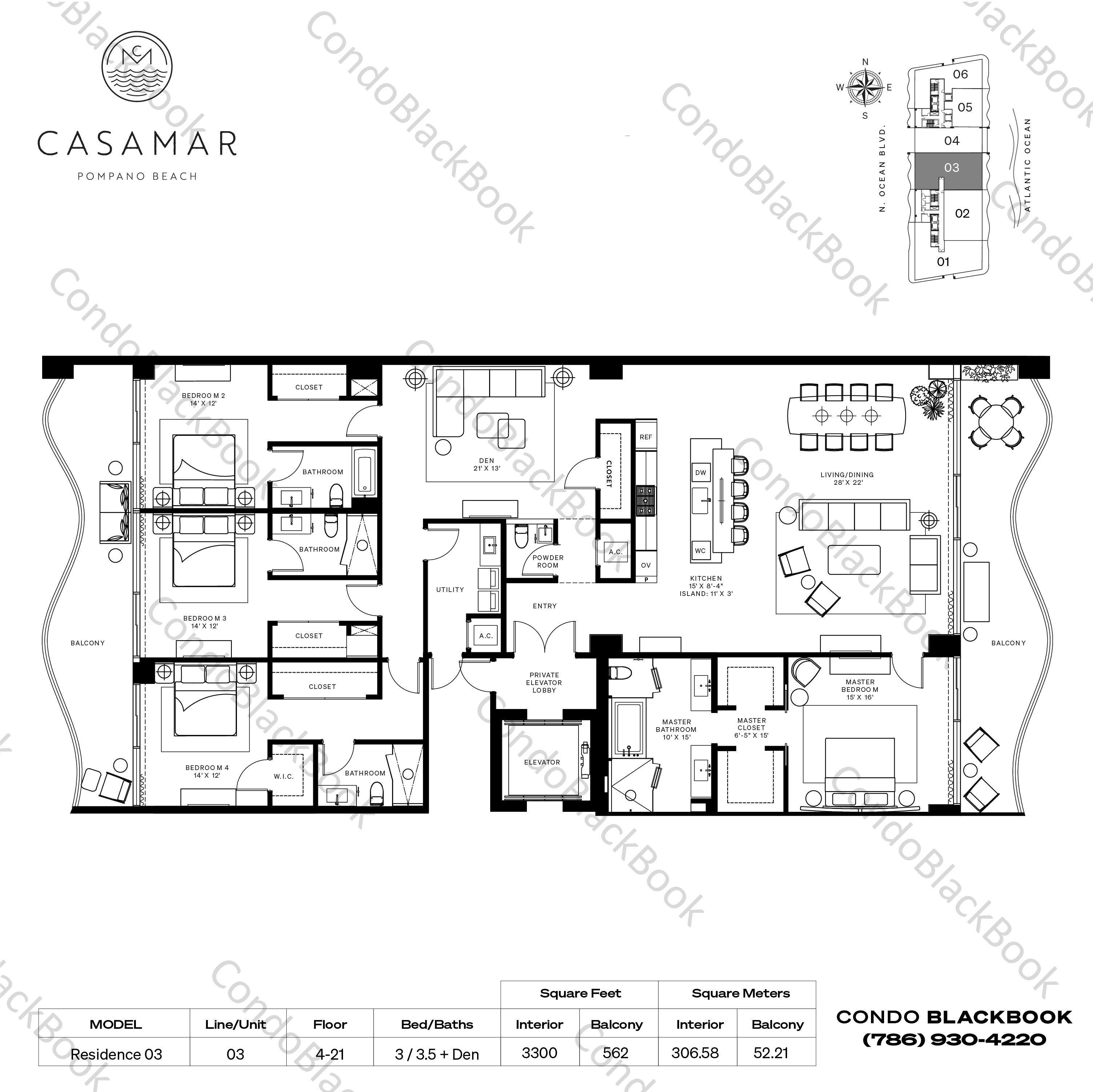 Floor plan for Casamar Pompano Beach, model Residence 03, line 03, 3 / 3.5 + Den bedrooms, 3300 sq ft