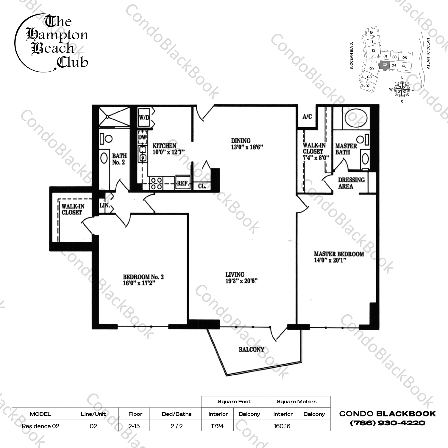 Floor plan for Hampton Beach Club Pompano Beach, model Residence 02, line 02, 2 / 2 bedrooms, 1724 sq ft
