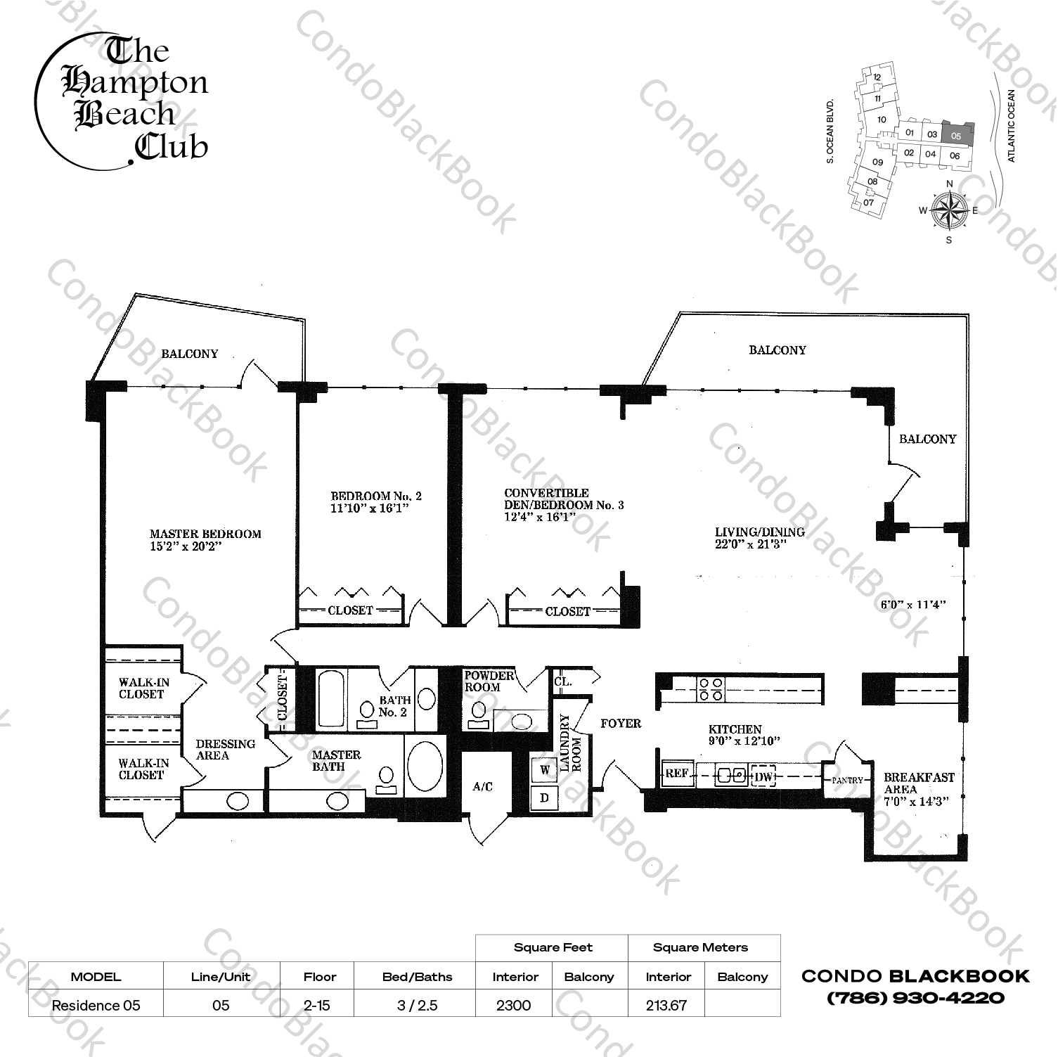 Floor plan for Hampton Beach Club Pompano Beach, model Residence 05, line 05, 3 / 2.5 bedrooms, 2300 sq ft