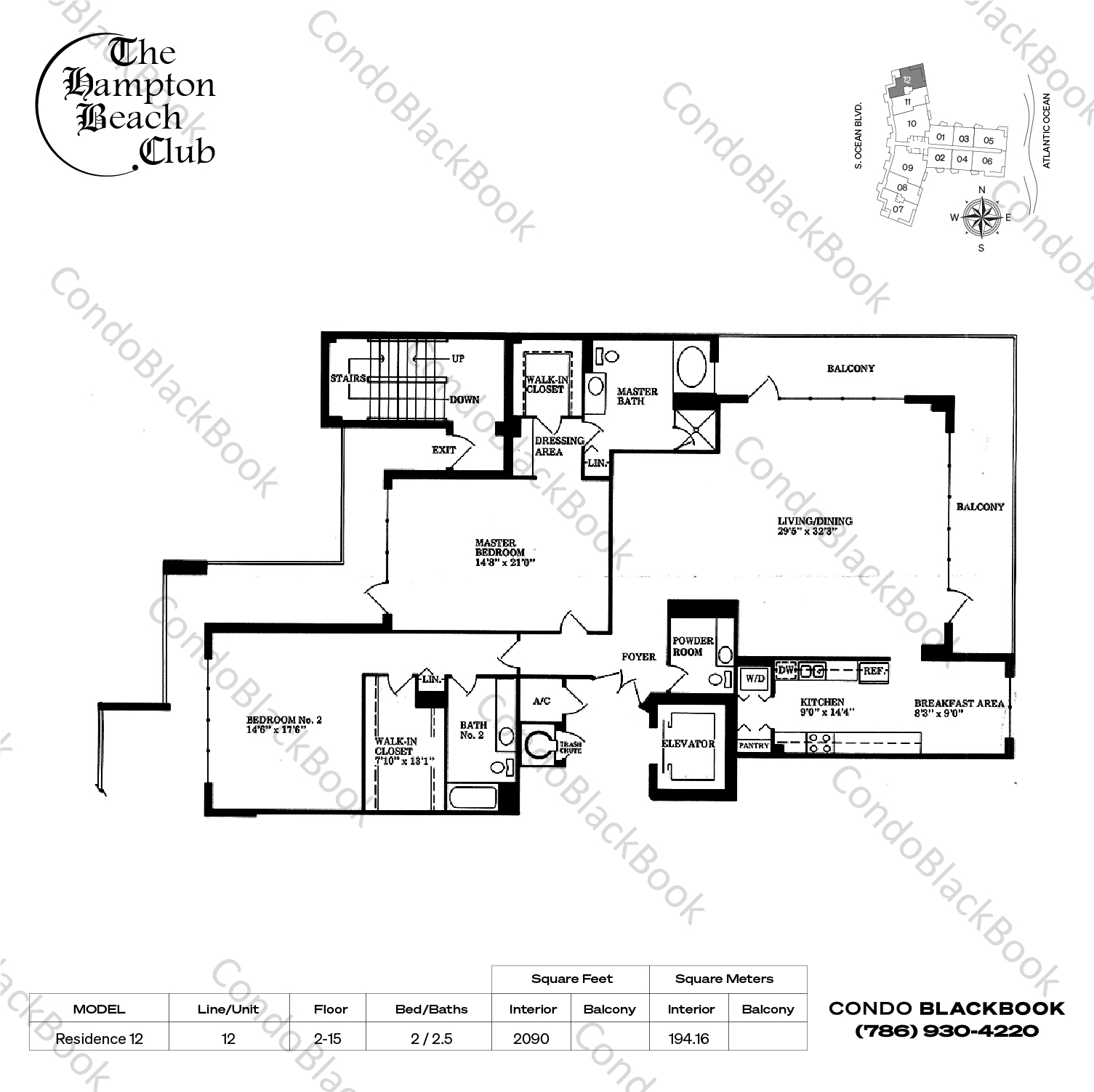 Floor plan for Hampton Beach Club Pompano Beach, model Residence 12, line 12, 2 / 2.5 bedrooms, 2090 sq ft