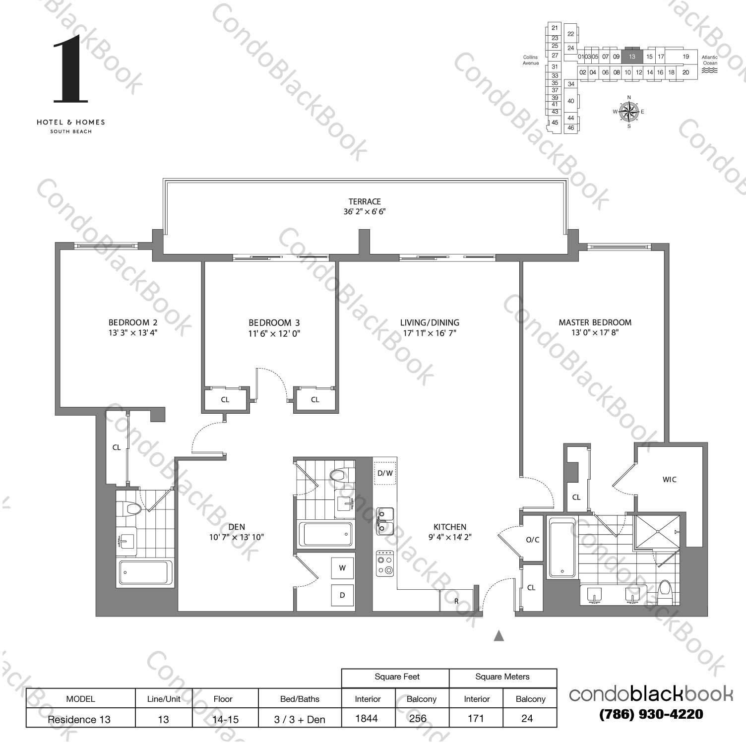 Floor plan for 1 Hotel & Homes South Beach Miami Beach, model Residence 15, line 15, 2 / 2.5 bedrooms, 1687 sq ft