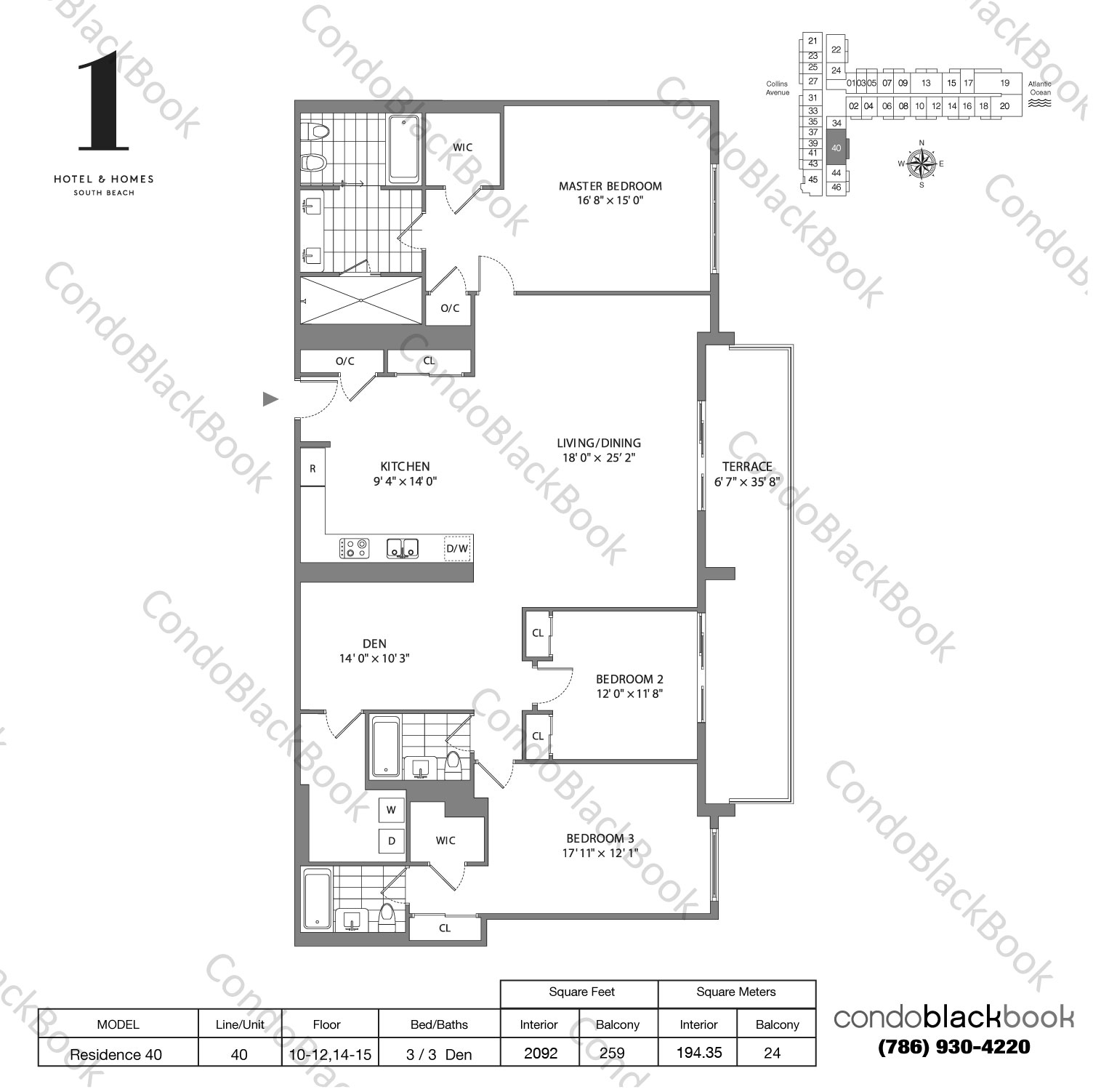 Floor plan for 1 Hotel & Homes South Beach Miami Beach, model Residence 40, line 40, 3 / 3 Den bedrooms, 2092 sq ft