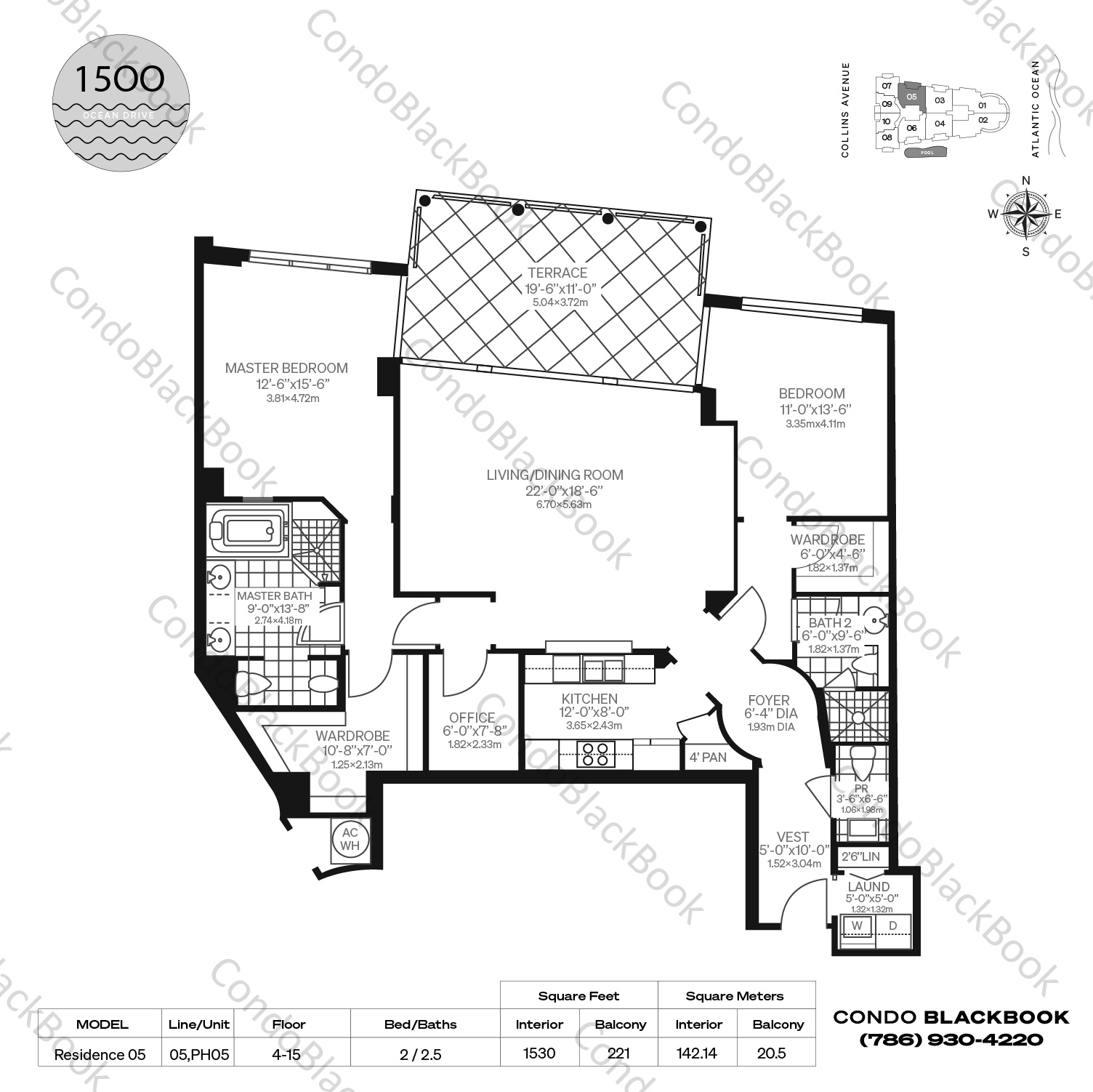 Floor plan for 1500 Ocean Drive South Beach Miami Beach, model Residence 05, line 05,PH05, 2 / 2.5 bedrooms, 1530 sq ft