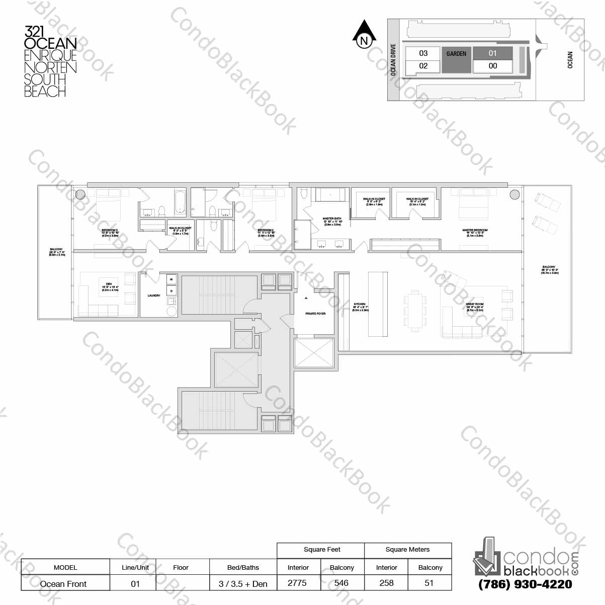 Floor plan for 321 Ocean Drive South Beach Miami Beach, model Ocean Front, line 01, 3 / 3.5 + Den bedrooms, 2775 sq ft