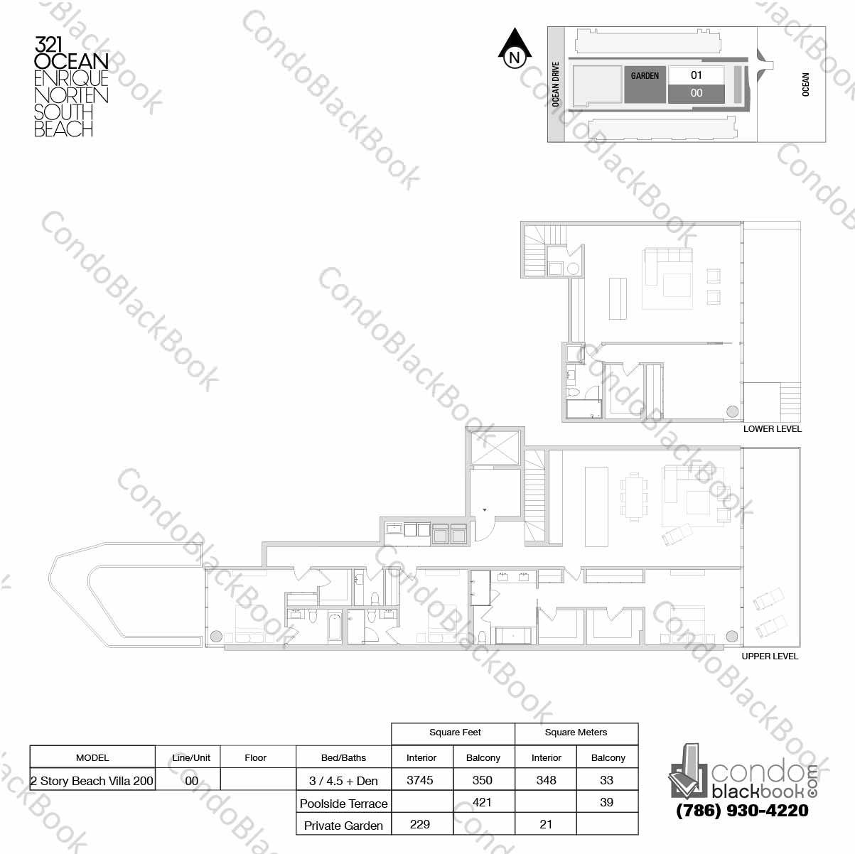 Floor plan for 321 Ocean Drive South Beach Miami Beach, model 2-Story Beach Villa 200, line 00, 3 / 4.5 + Den bedrooms, 3745 sq ft