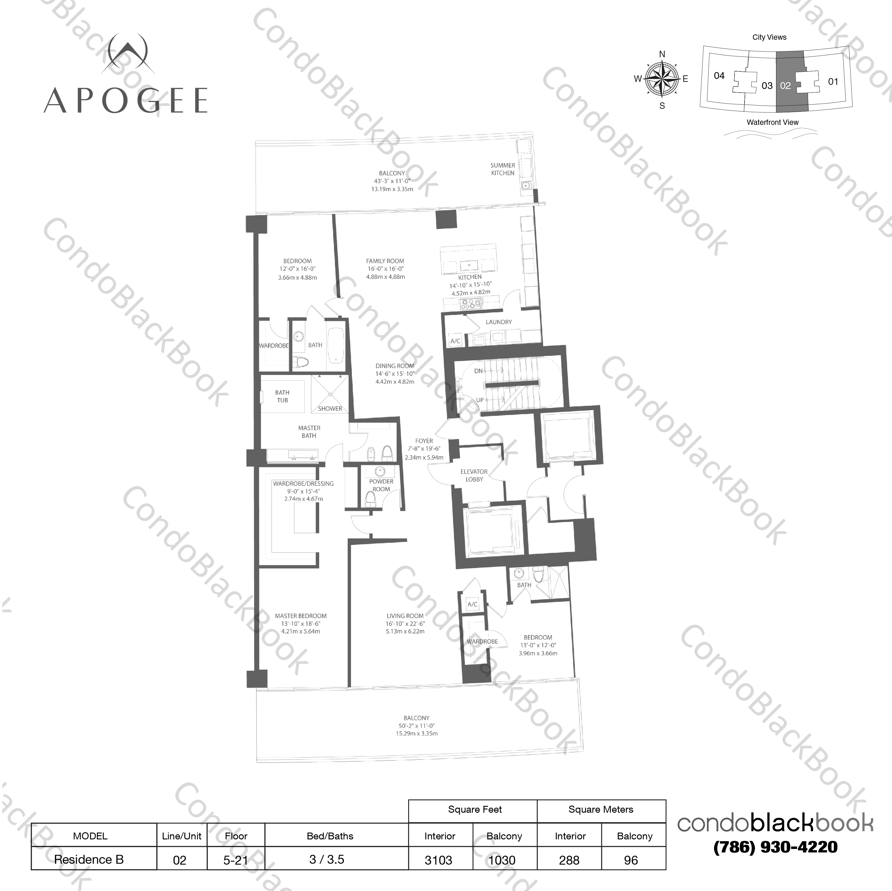 Floor plan for Apogee South Beach Miami Beach, model Residence B, line 02, 3 / 3.5 bedrooms, 3103 sq ft