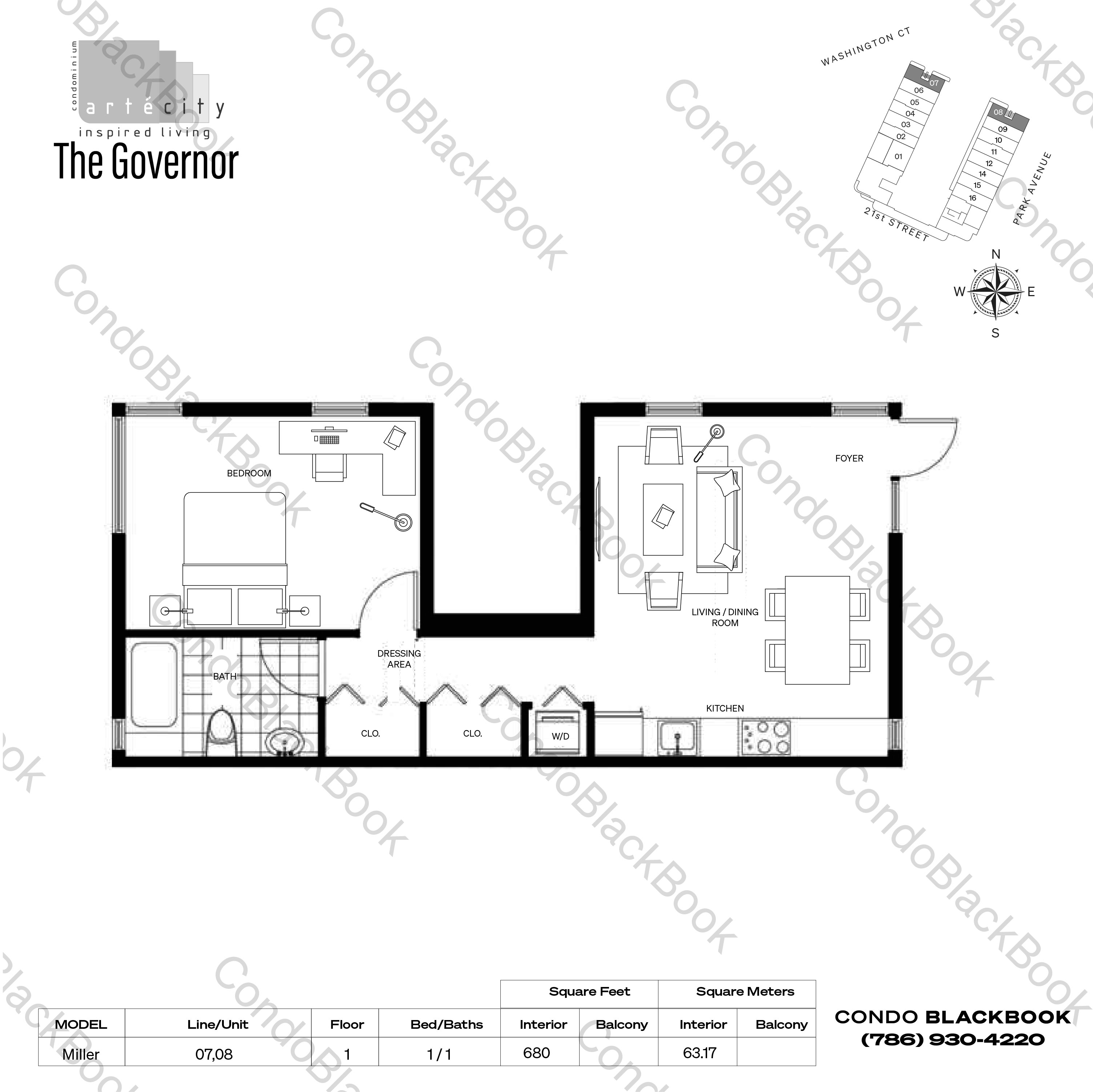 Floor plan for Artecity Governor South Beach Miami Beach, model Miller, line 07,08, 1 / 1 bedrooms, 680 sq ft