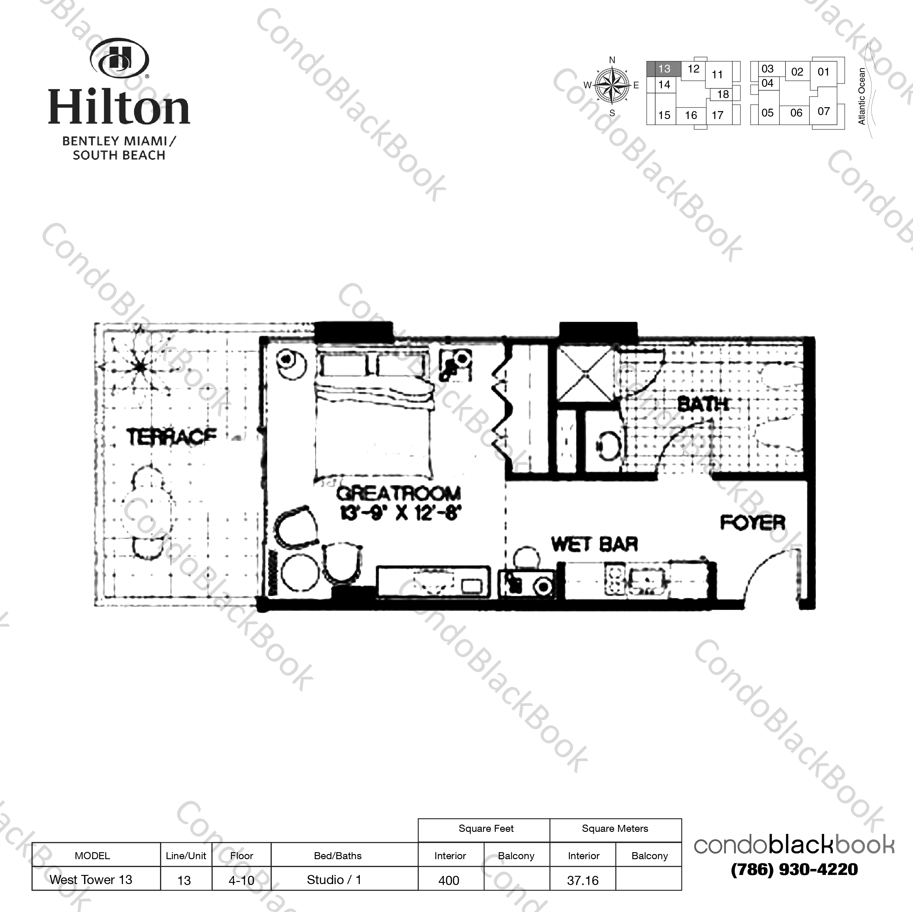 Floor plan for Bentley Beach Hilton South Beach Miami Beach, model West Tower 13, line 13, Studio / 1 bedrooms, 400 sq ft